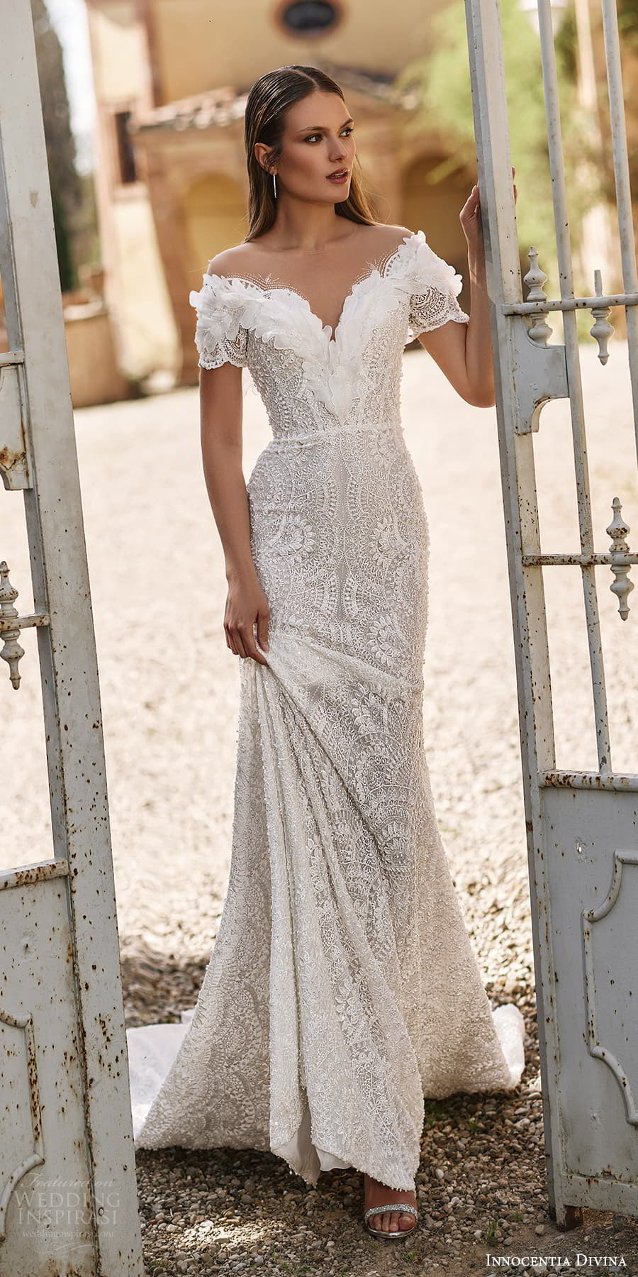 innocentia divina 2024 bridal short sleeve off shoulder neckline fully embellished sheath wedding dress chapel train (10) mv