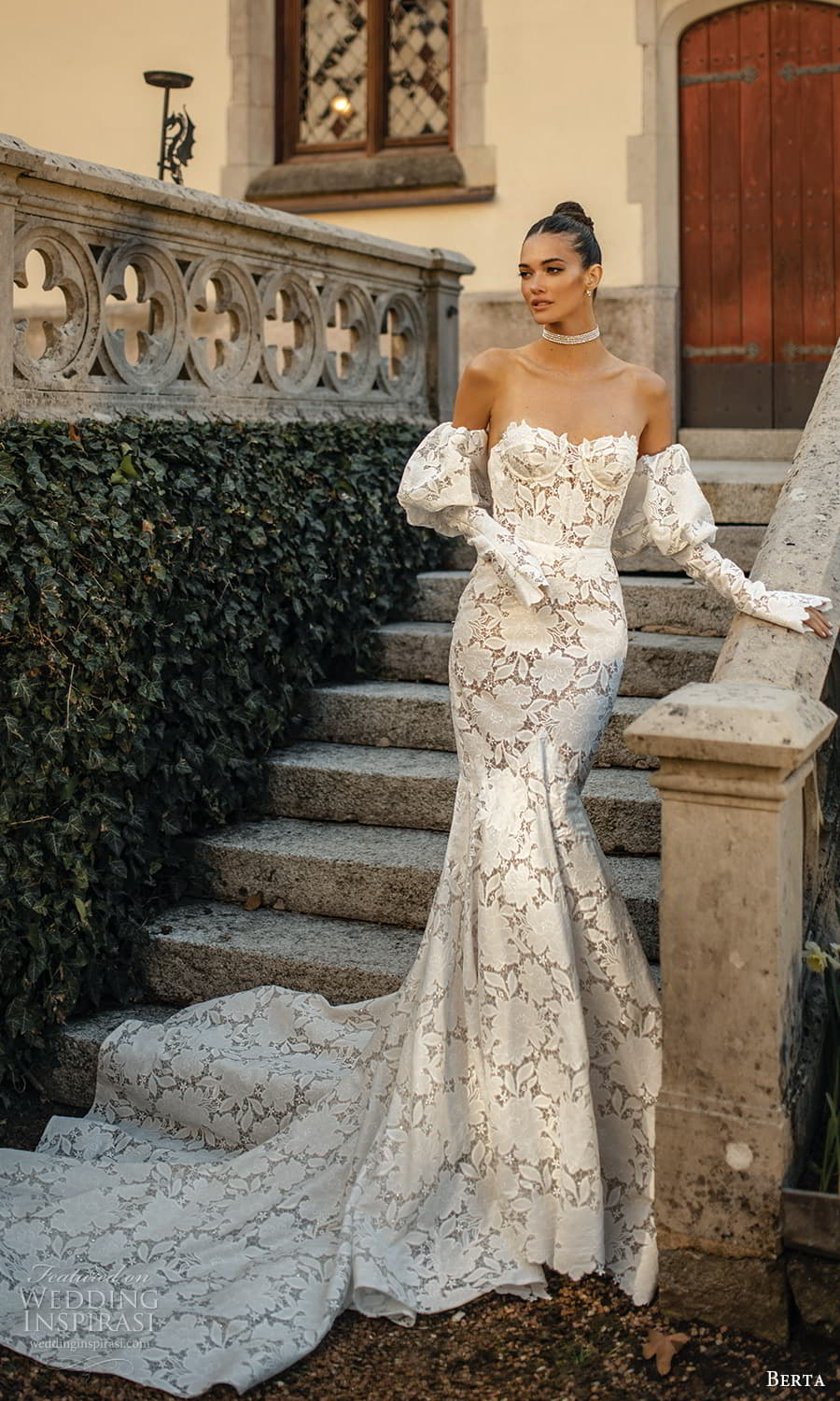 berta spring 2024 bridal detached puff long sleeve strapless sweetheart neckline embellished lace fit flare mermaid wedding dress chapel train (13) mv berta spring 2024 bridal detached puff long sleeve strapless sweetheart neckline embellished lace fit flare mermaid wedding dress chapel train (13) mv