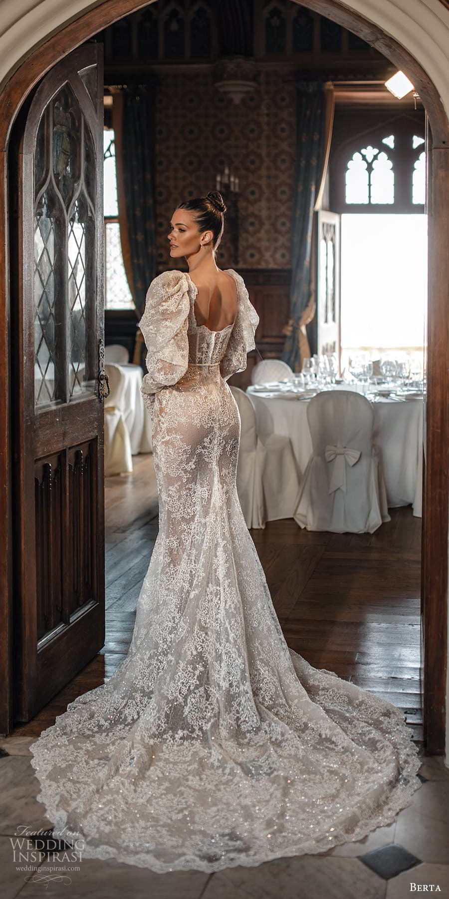 berta spring 2024 bridal long puff mutton sleeve square neckline fully embellished lace fit flare mermaid sheath wedding dress chapel train (4) bv berta spring 2024 bridal long puff mutton sleeve square neckline fully embellished lace fit flare mermaid sheath wedding dress chapel train (4) bv