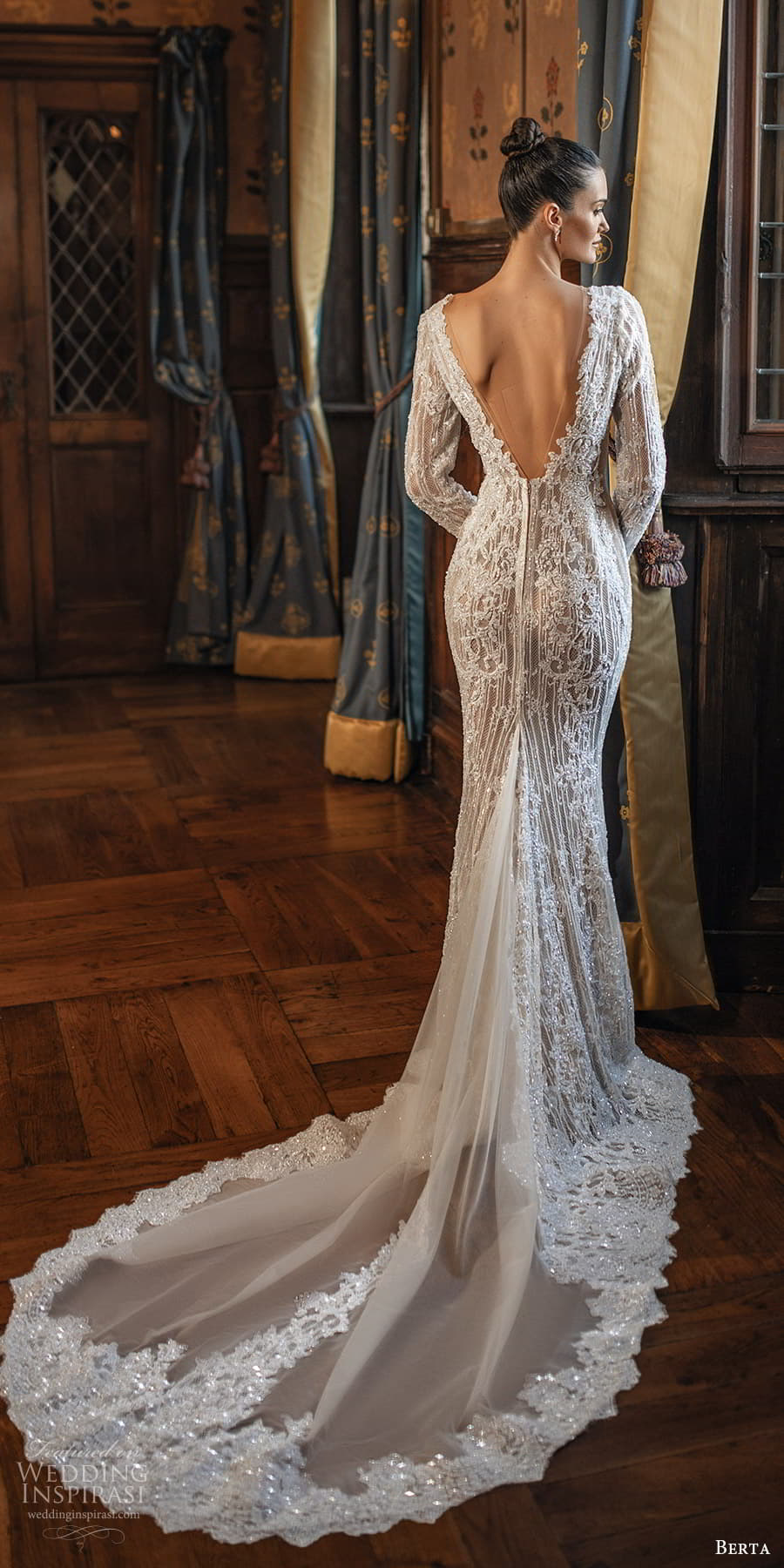 berta spring 2024 bridal long sleeve plunging v neckline fully embellished sheath mermaid wedding dress chapel train (8) bv berta spring 2024 bridal long sleeve plunging v neckline fully embellished sheath mermaid wedding dress chapel train (8) bv
