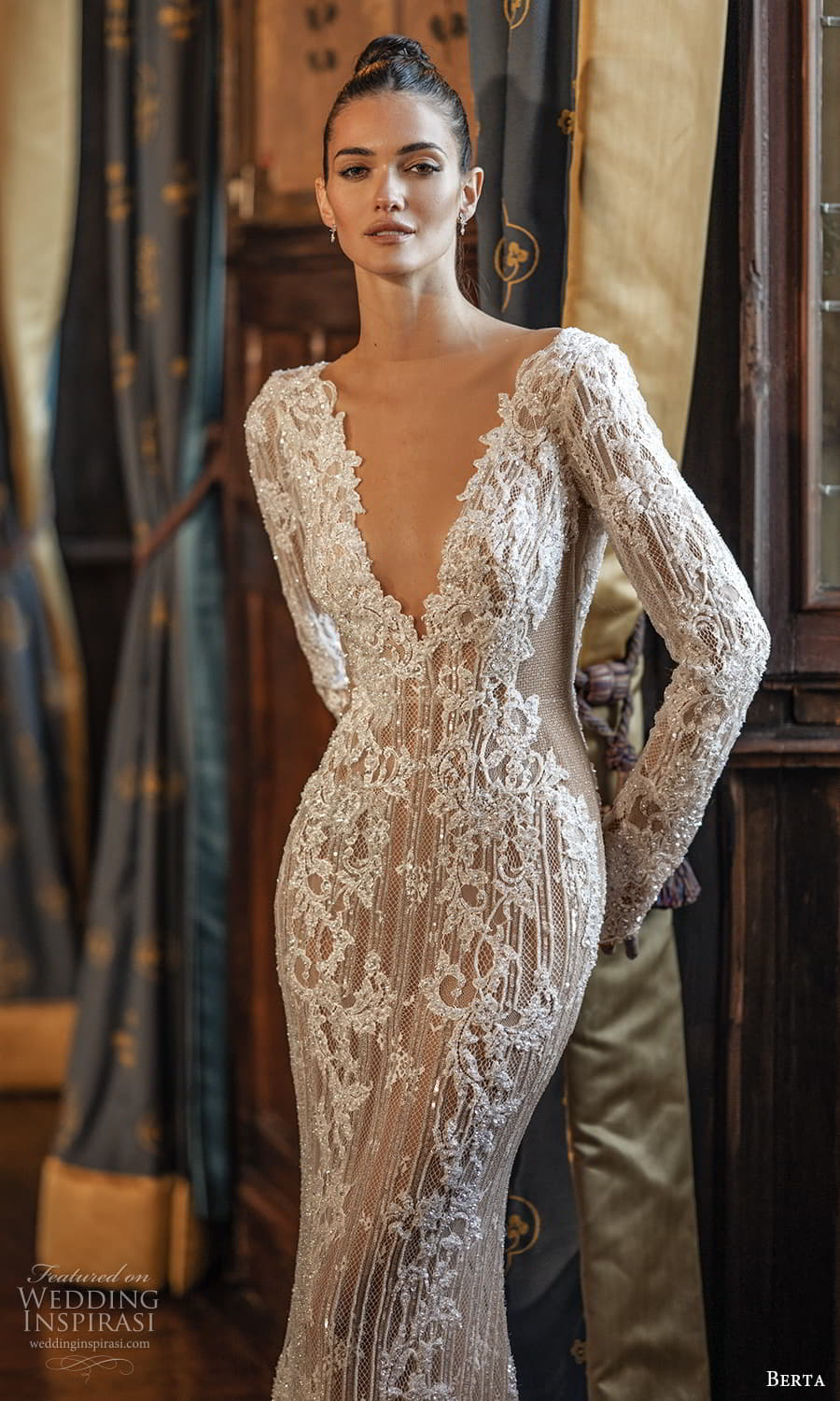 berta spring 2024 bridal long sleeve plunging v neckline fully embellished sheath mermaid wedding dress chapel train (8) zv berta spring 2024 bridal long sleeve plunging v neckline fully embellished sheath mermaid wedding dress chapel train (8) zv