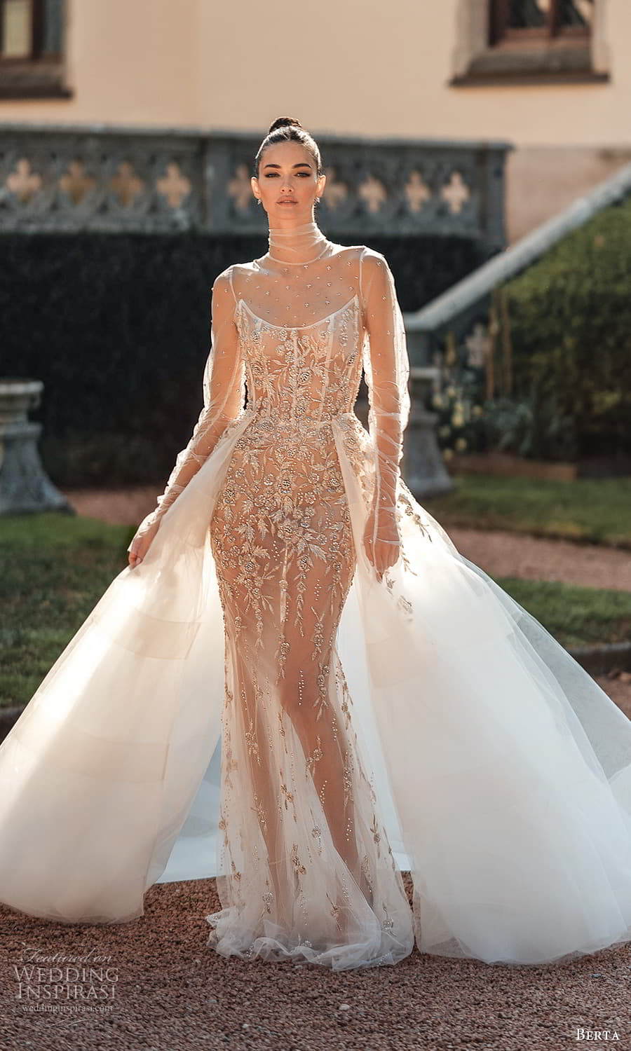 berta spring 2024 bridal sheer long sleeve illusion high neck scoop neckline heavily embellished bodice sheath wedding dress chapel train a line overskirt (18) mv berta spring 2024 bridal sheer long sleeve illusion high neck scoop neckline heavily embellished bodice sheath wedding dress chapel train a line overskirt (18) mv