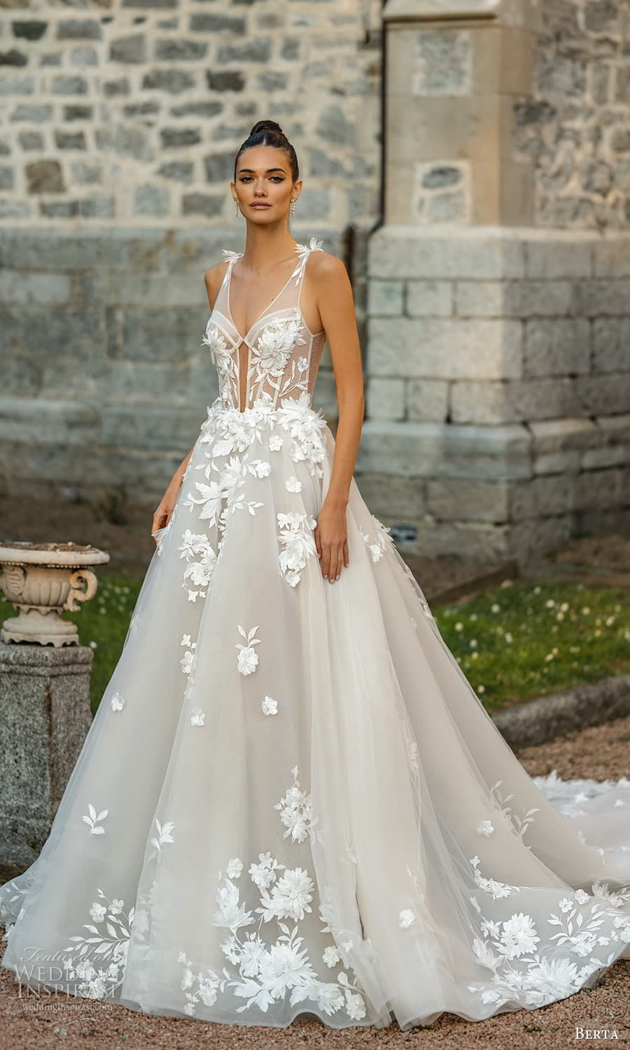berta spring 2024 bridal sleeveless sheer strap v neckline embellished a line ball gown wedding dress chapel train (16) mv