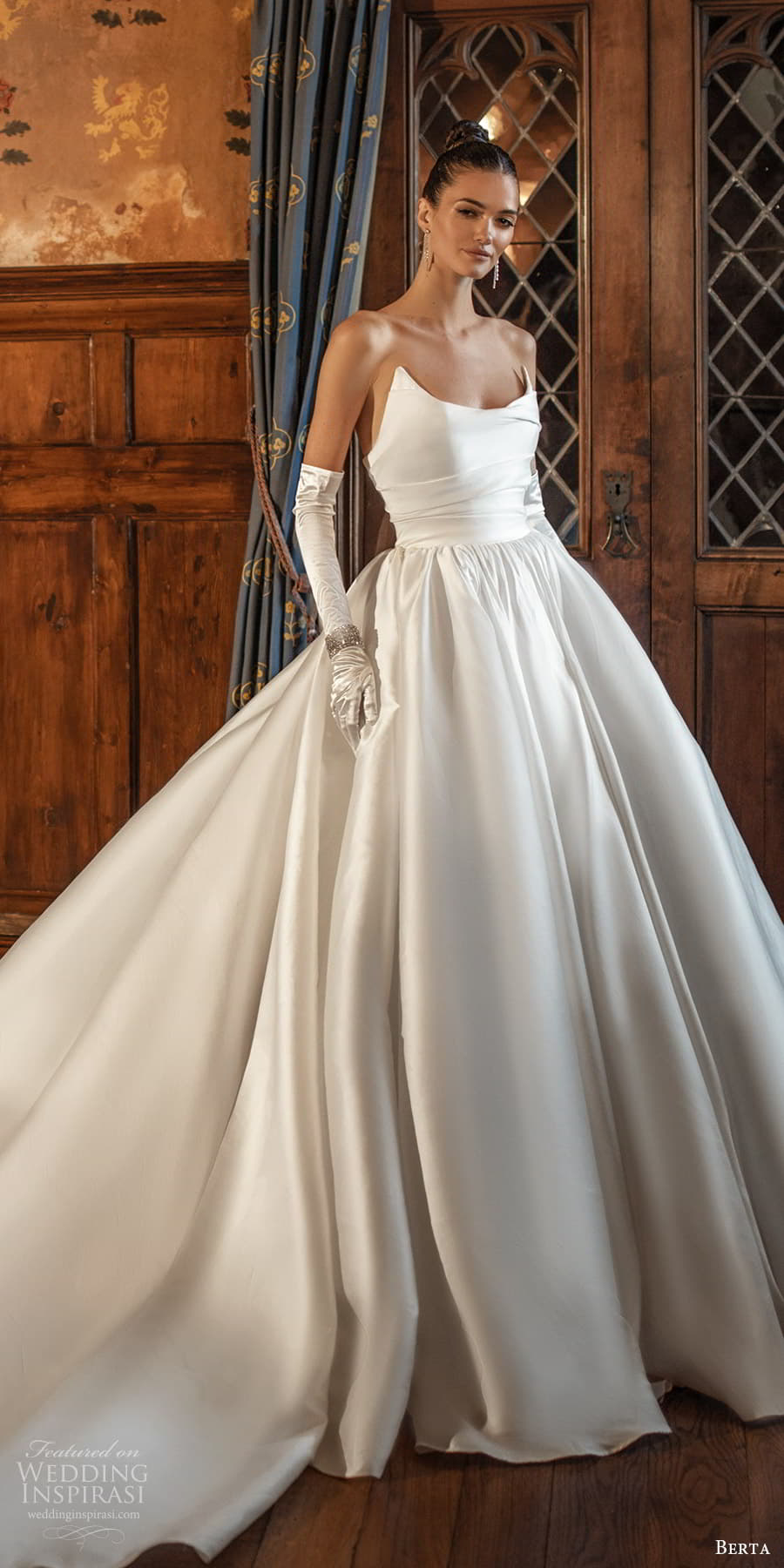 berta spring 2024 bridal strapless scoop neckline clean minimalist a line ball gown wedding dress chapel train (6) lv