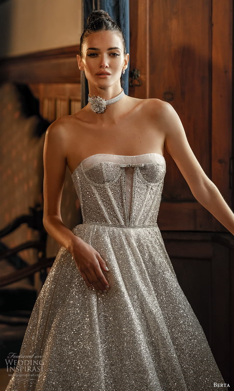 berta spring 2024 bridal strapless semi sweetheart neckline fully embellished a line ball gown wedding dress chapel train (2) zv