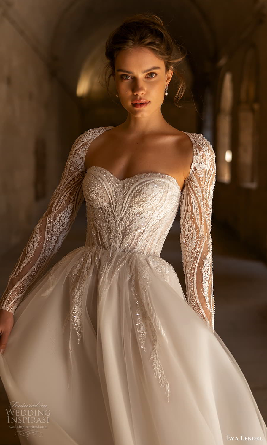 eva lendel 2024 bridal sheer long sleeve top strapless sweetheart neckline embellished bodice a line ball gown wedding dress chapel train (17) mv