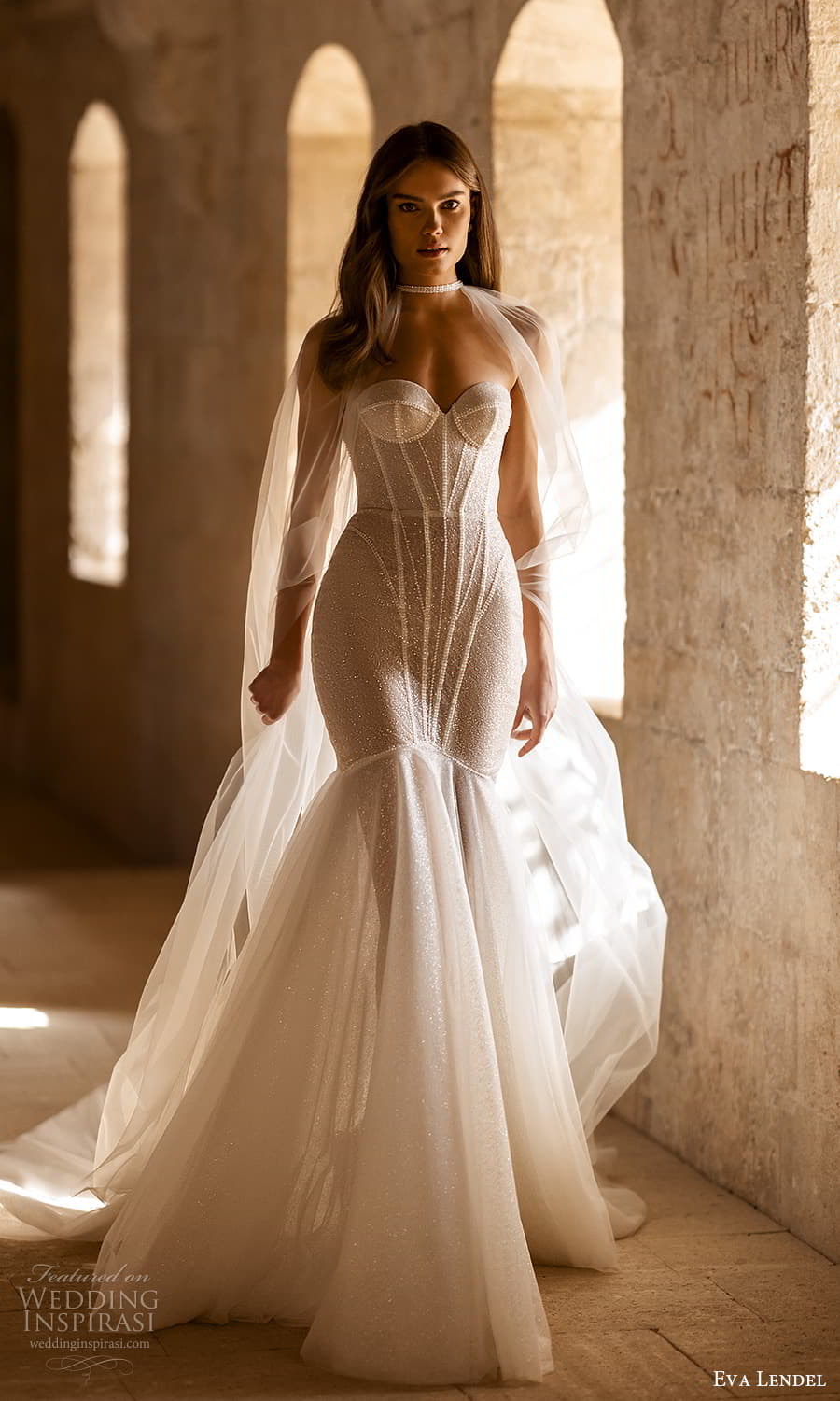 eva lendel 2024 bridal strapless sweetheart embellished fit flare mermaid wedding dress chapel train sheer cape (16) mv