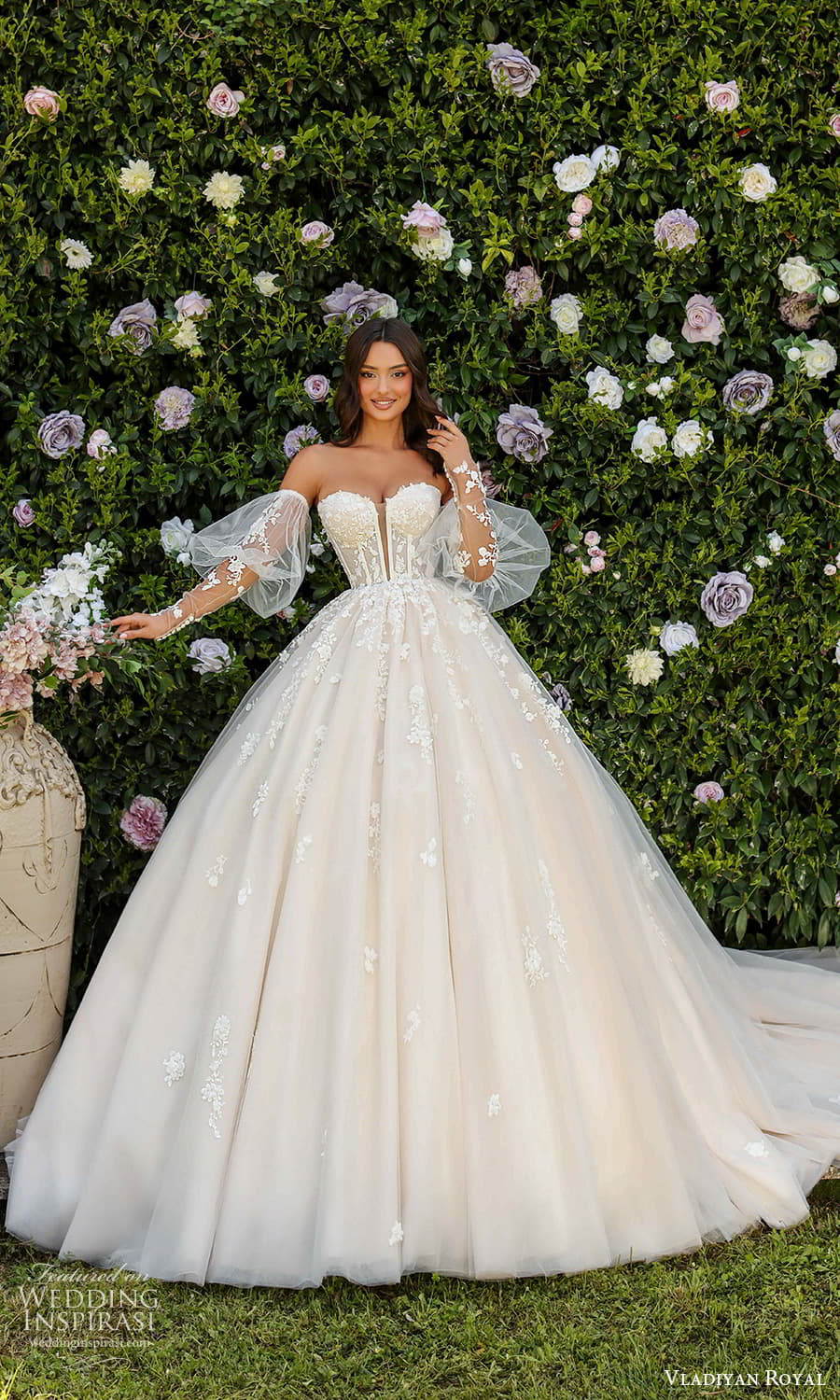 vladiyan royal 2024 bridal detached puff sleeve strapless sweetheart neckline embellished bodice a line ball gown wedding dress cathedral chapel train (7) mv