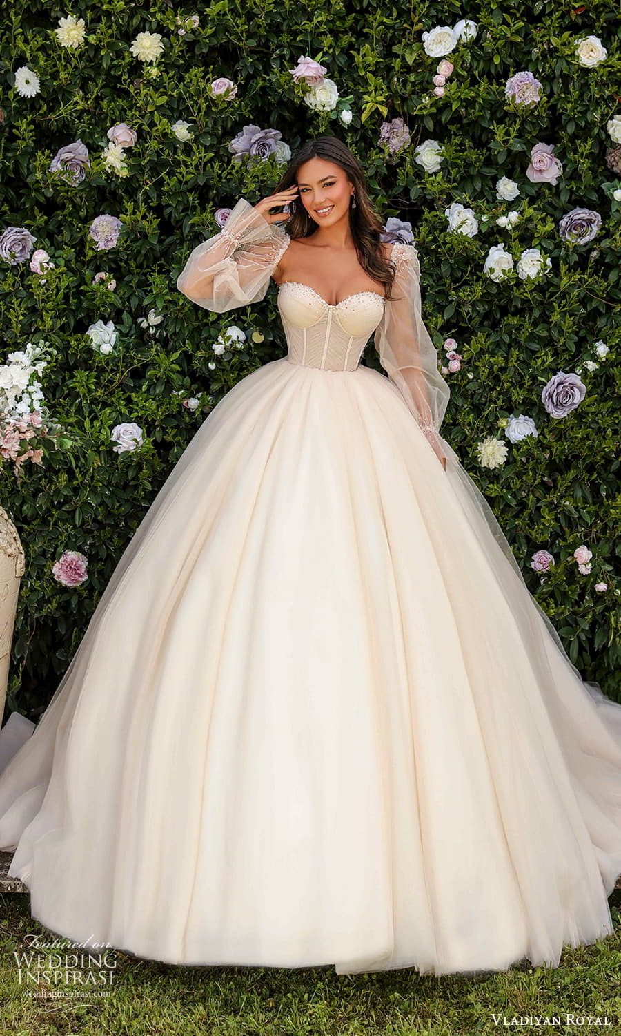vladiyan royal 2024 bridal detached sheer long puff sleeve strapless sweetheart neckline corset bodice a line ball gown wedding dress chapel train (9) mv