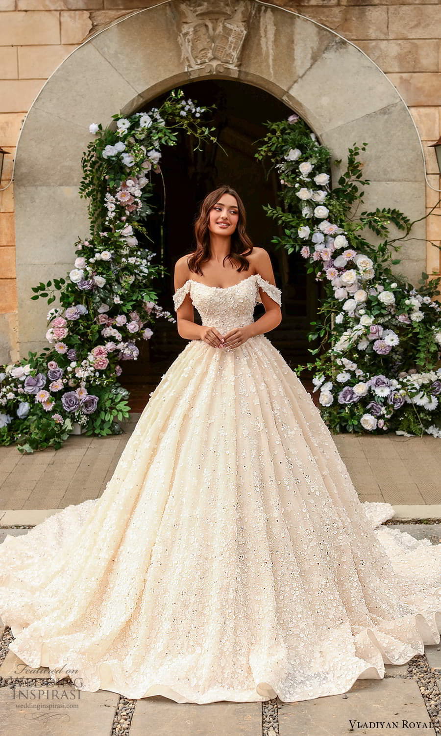 vladiyan royal 2024 bridal off shoulder strap swag sleeve sweetheart neckline embellished a line ball gown wedding dress chapel train (16) mv