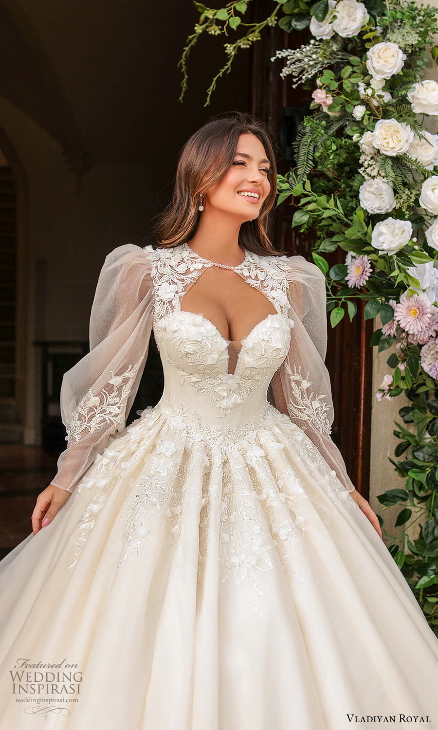 vladiyan royal 2024 bridal sheer long puff sleeve jewel neckline sweetheart neckline embellished bodice a line ball gown wedding dress chapel train (4) mv