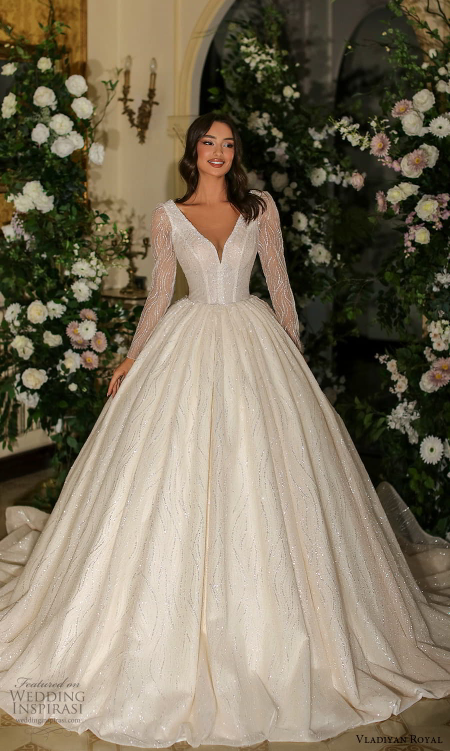 vladiyan royal 2024 bridal sheer long puff sleeve v neckline fully embellished a line ball gown wedding dress chapel train (21) mv