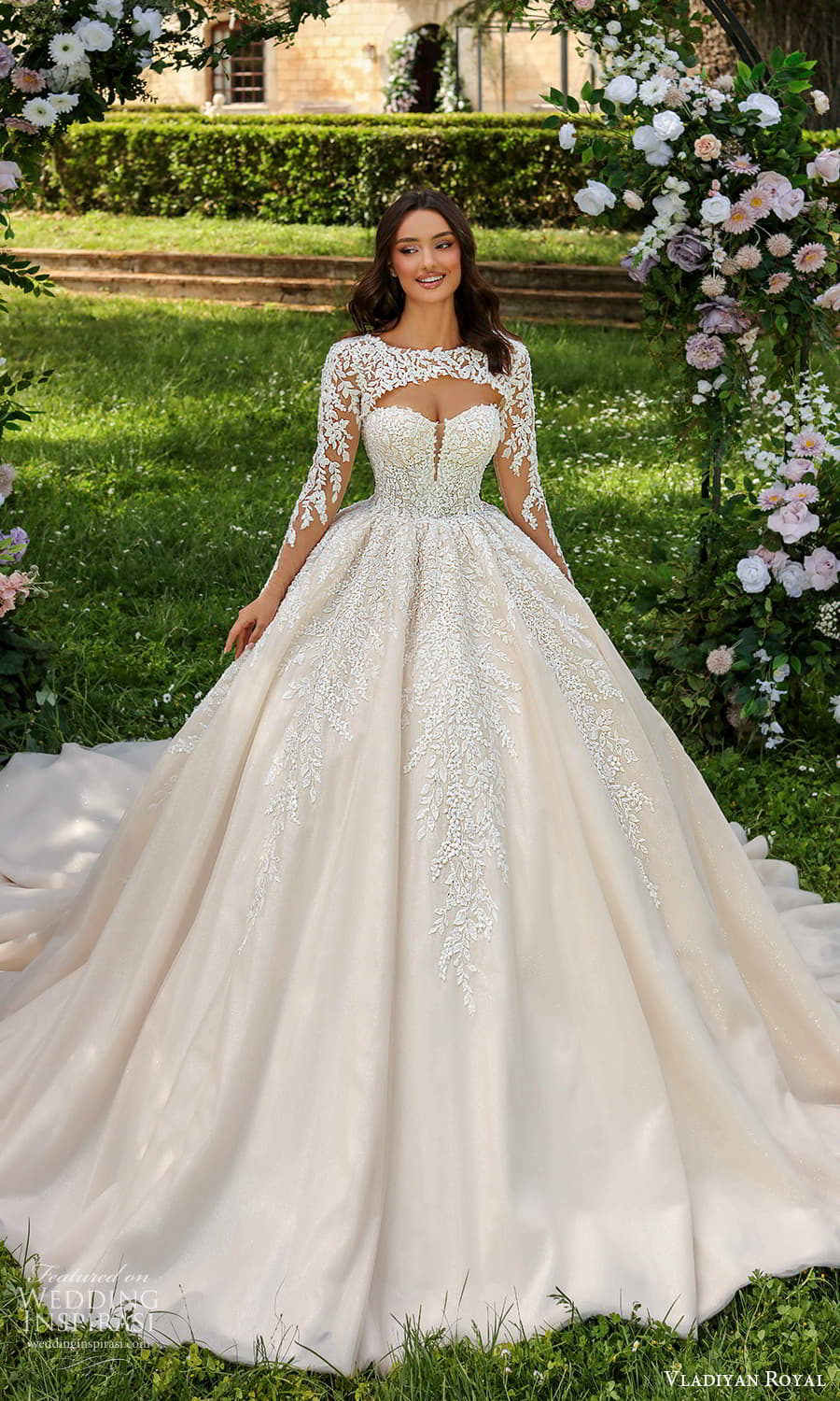 vladiyan royal 2024 bridal sheer long sleeve bateau neckline semi sweetheart neckline embellished bodice a line ball gown wedding dress cathedral chapel train (6) mv