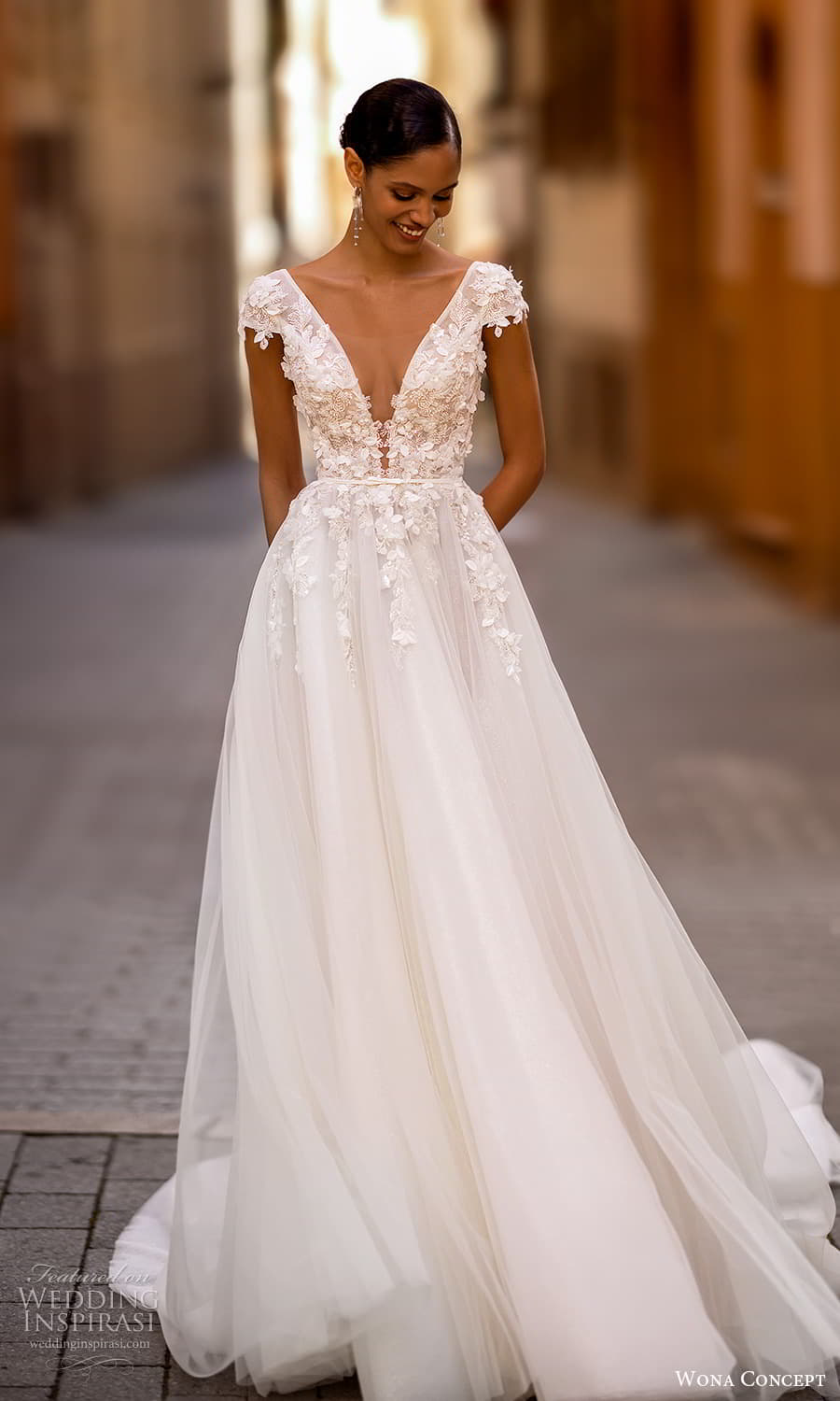 wona concept 2024 bridal cap sleeve deep v neckline heavily embellished a line wedding dress chapel train (25) mv