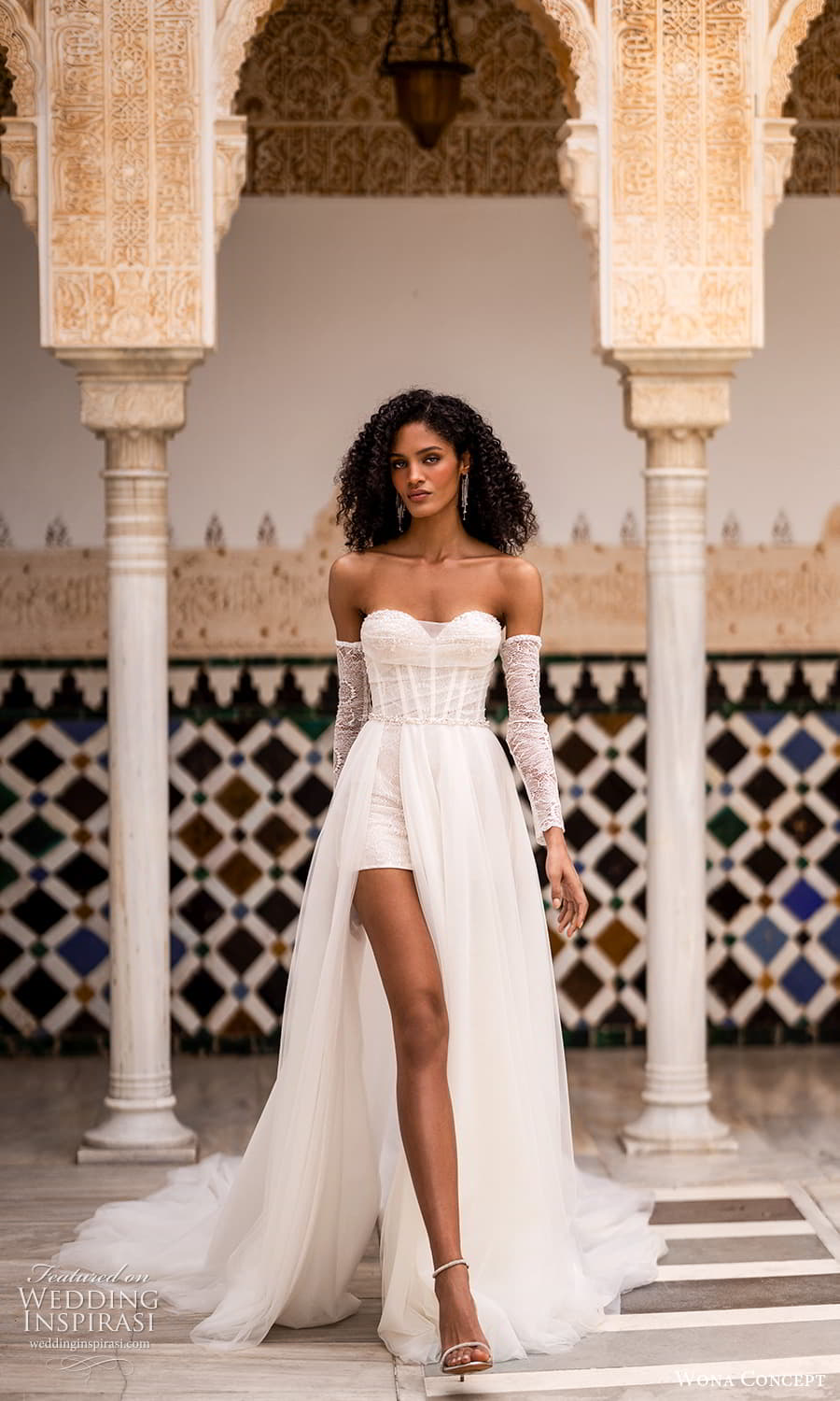 wona concept 2024 bridal detached sleeve strapless sweetheart neckline short wedding dress sheer a line overskirt (36) mv