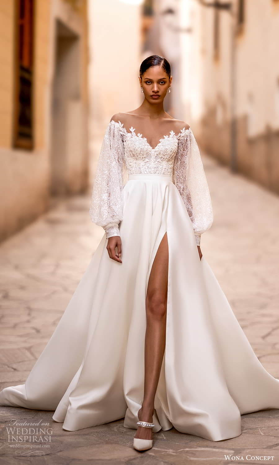 wona concept 2024 bridal long puff sleeve off shoulder embellished bodice clean skirt a line ball gown wedding dress chapel train (1) mv