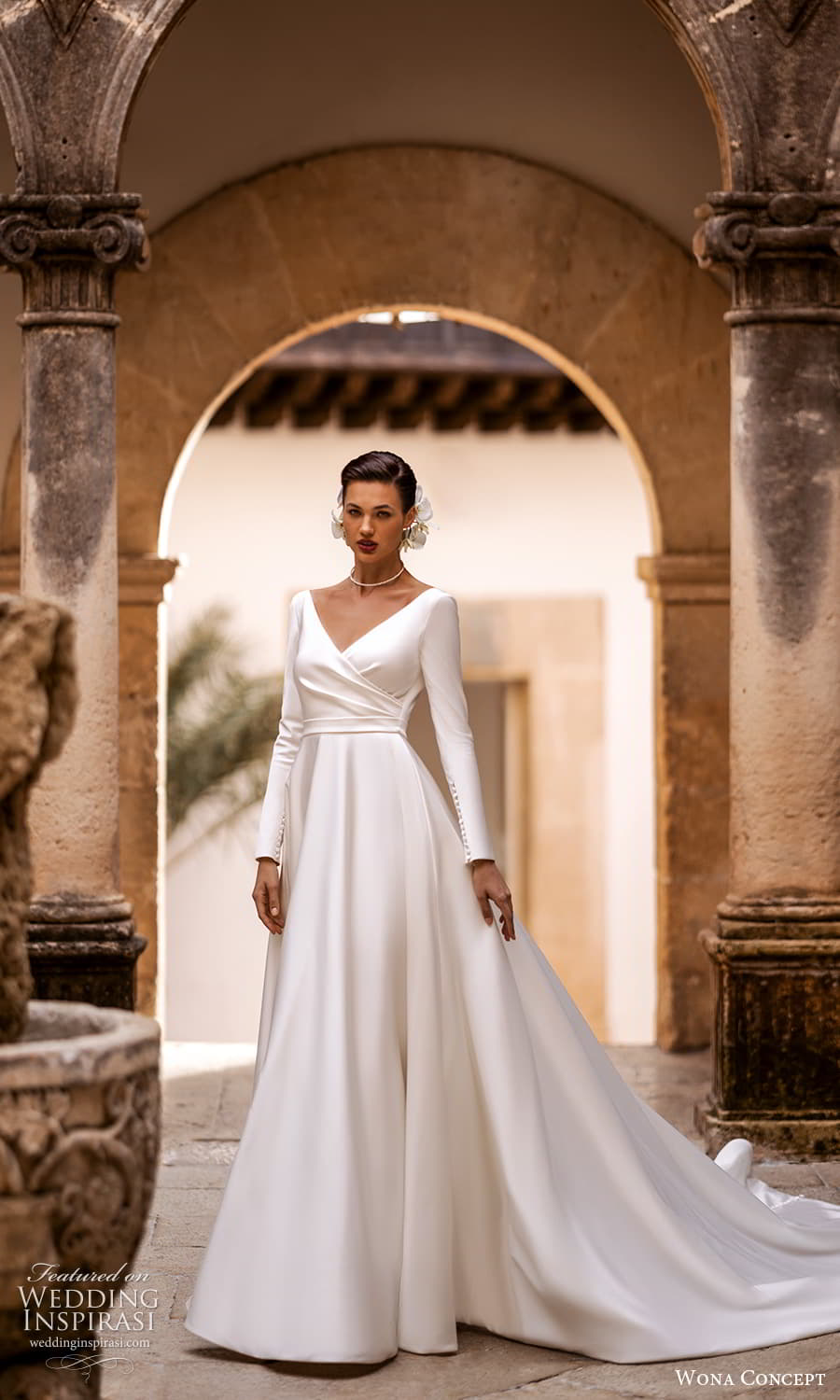 wona concept 2024 bridal long sleeve v neckline clean minimalist a line wedding dress chapel train (34) mv