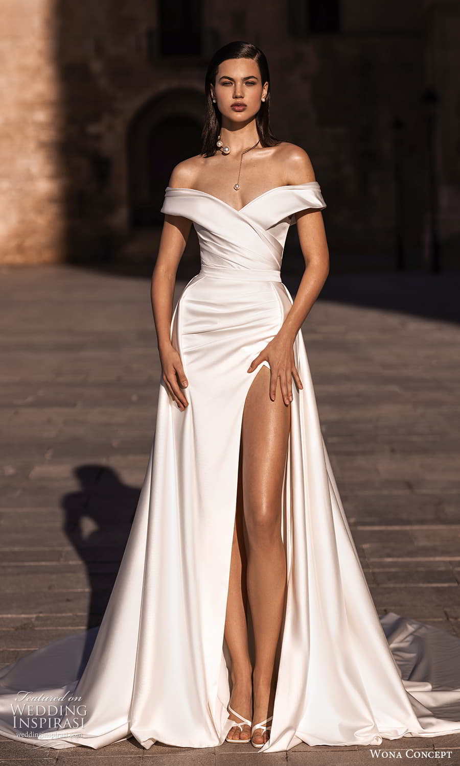 wona concept 2024 bridal off shoulder sleeve portrait neckline clean minimalist a line wedding dress slit skirt chapel train (39) mv