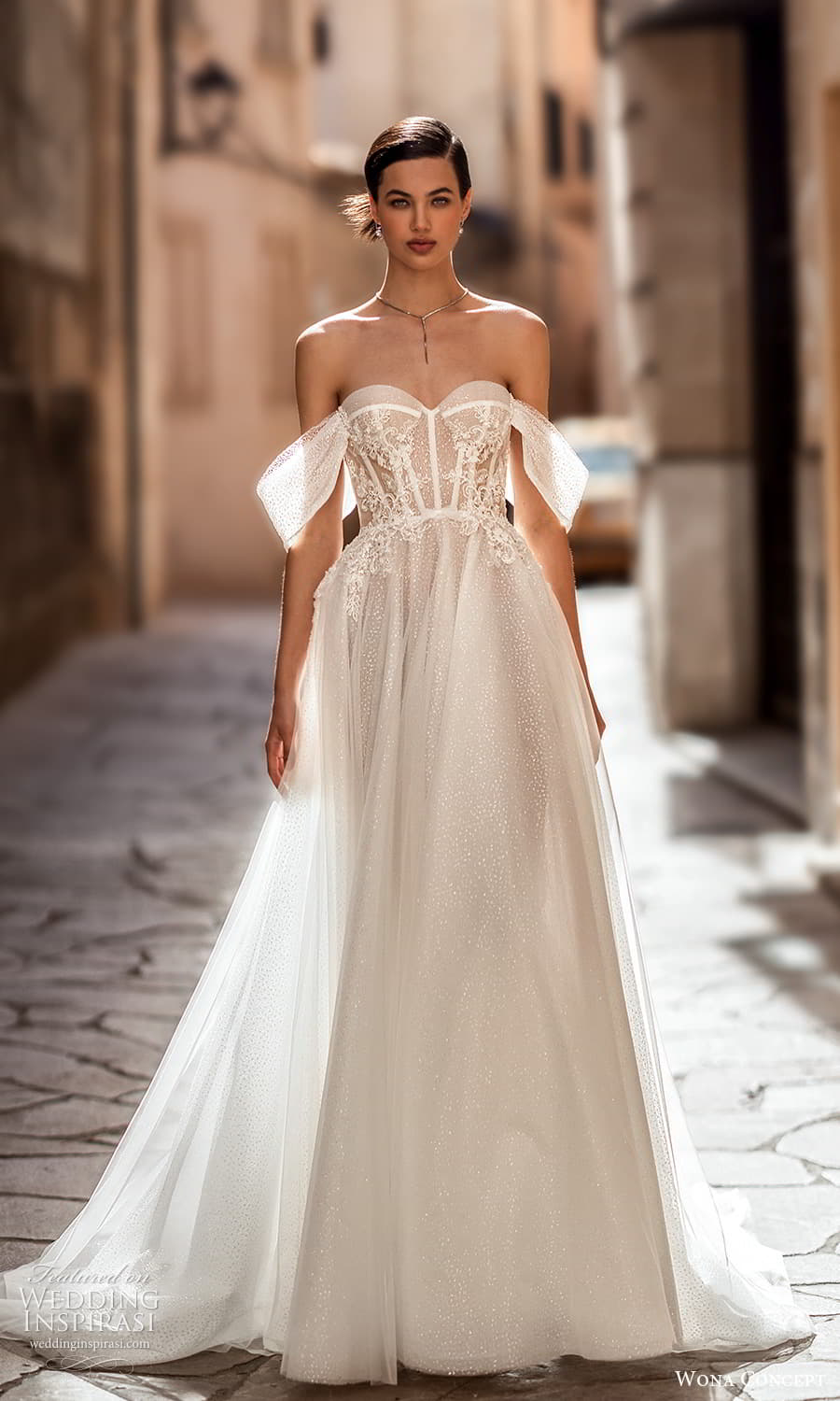 wona concept 2024 bridal off shoulder strap swag sleeve sweetheart neckline corset bodice embellished a line ball gown wedding dress chapel train (28) mv