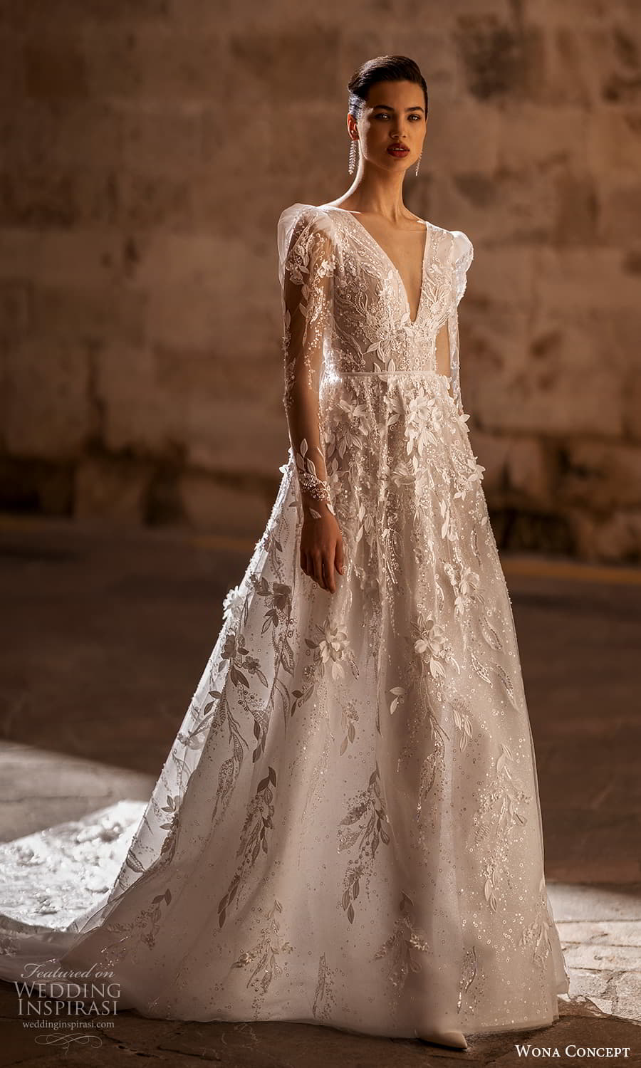wona concept 2024 bridal sheer long puff sleeves v neckline fully embellished a line ball gown wedding dress chapel train (8) mv