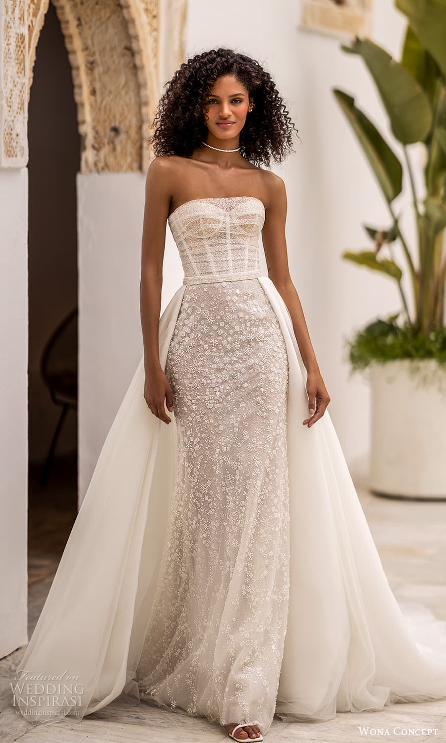 wona concept 2024 bridal strapless sheer straight across neckline corset bodice embellished sheath wedding dress a line overskirt (24) mv