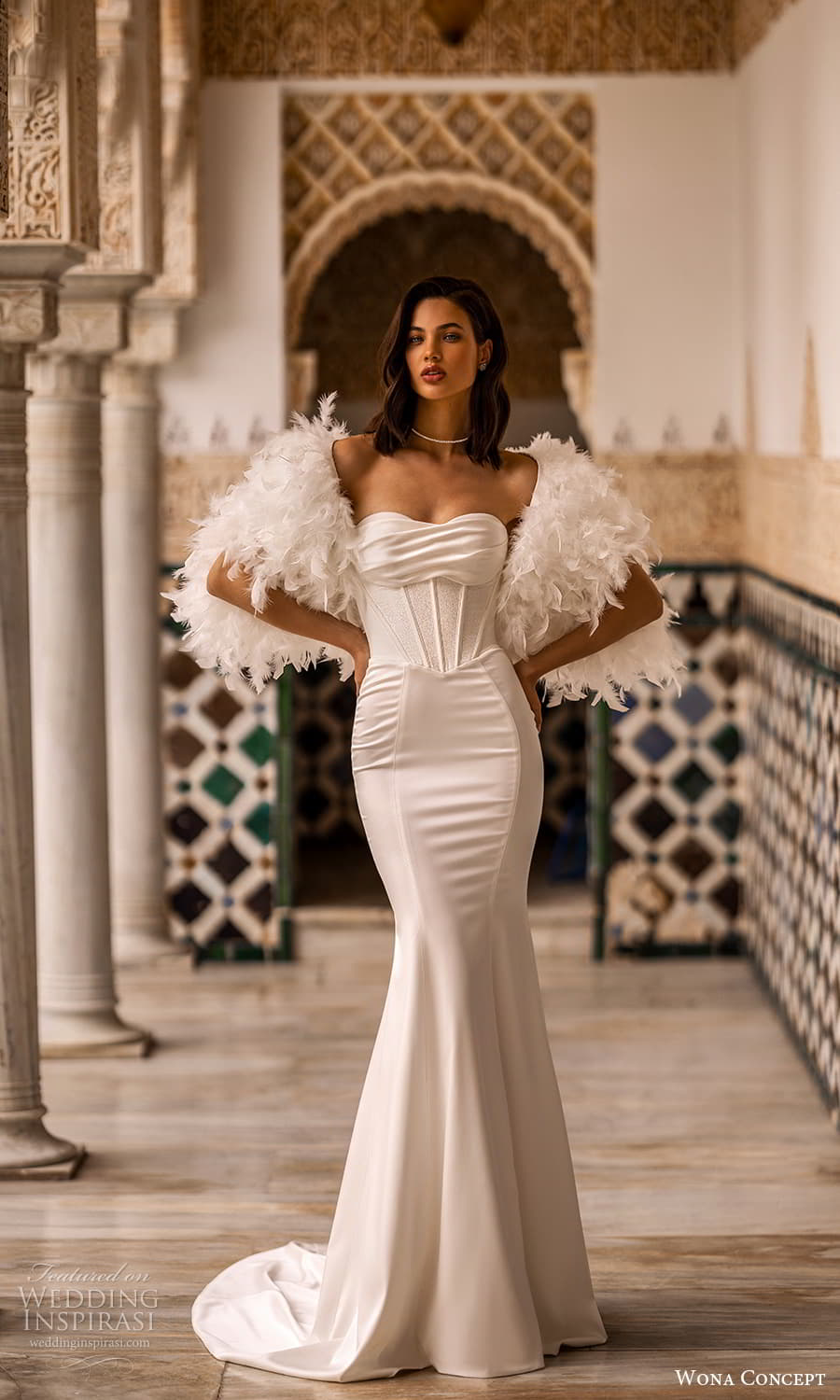 wona concept 2024 bridal strapless sweetheart neckline clean minimalist fit flare mermaid wedding dress chapel train feather top (18) mv