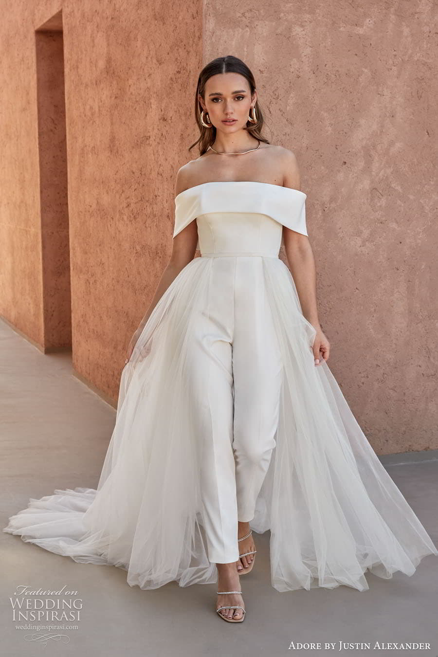 justin alexander adore spring 2024 bridal off shoulder sleeve straight neckline modern jumpsuit pants a line overskirt wedding dress adira