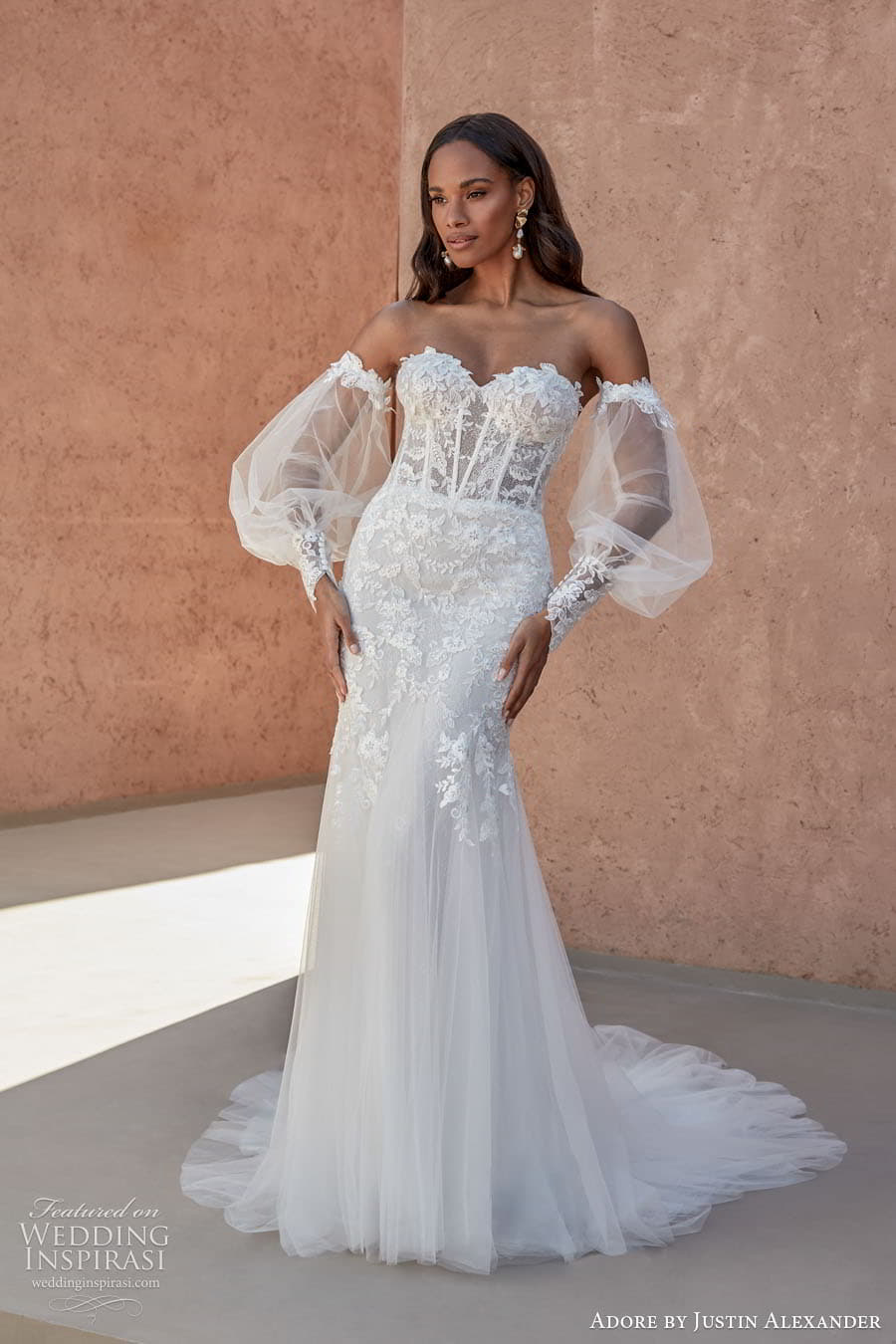 Off-the-Shoulder Wedding Jumpsuit with Lace Train