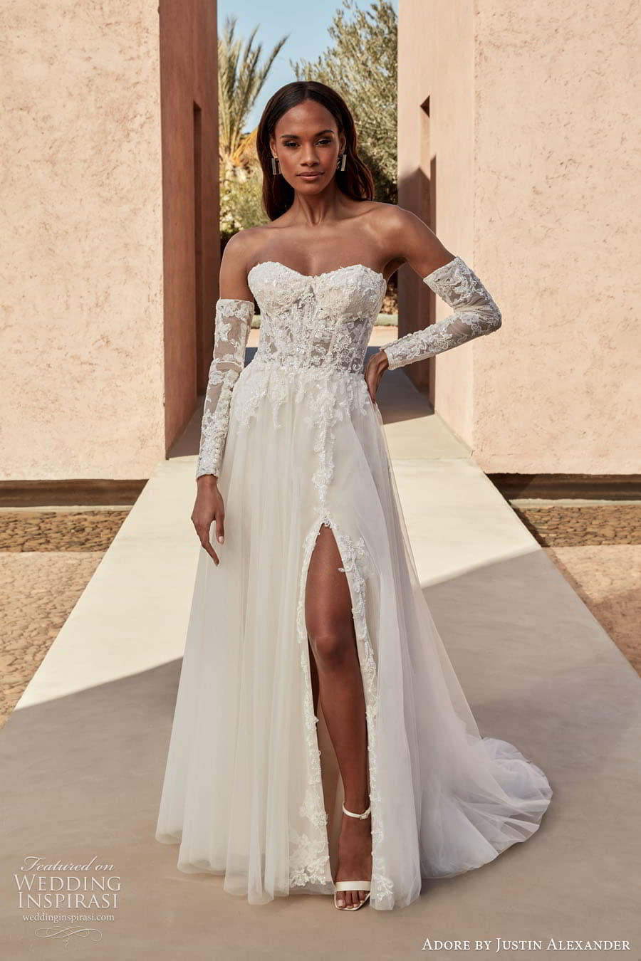 justin alexander adore spring 2024 bridal straps sleeves sleeveless sweetheart neckline a line ball gown wedding dress chapel train ethan