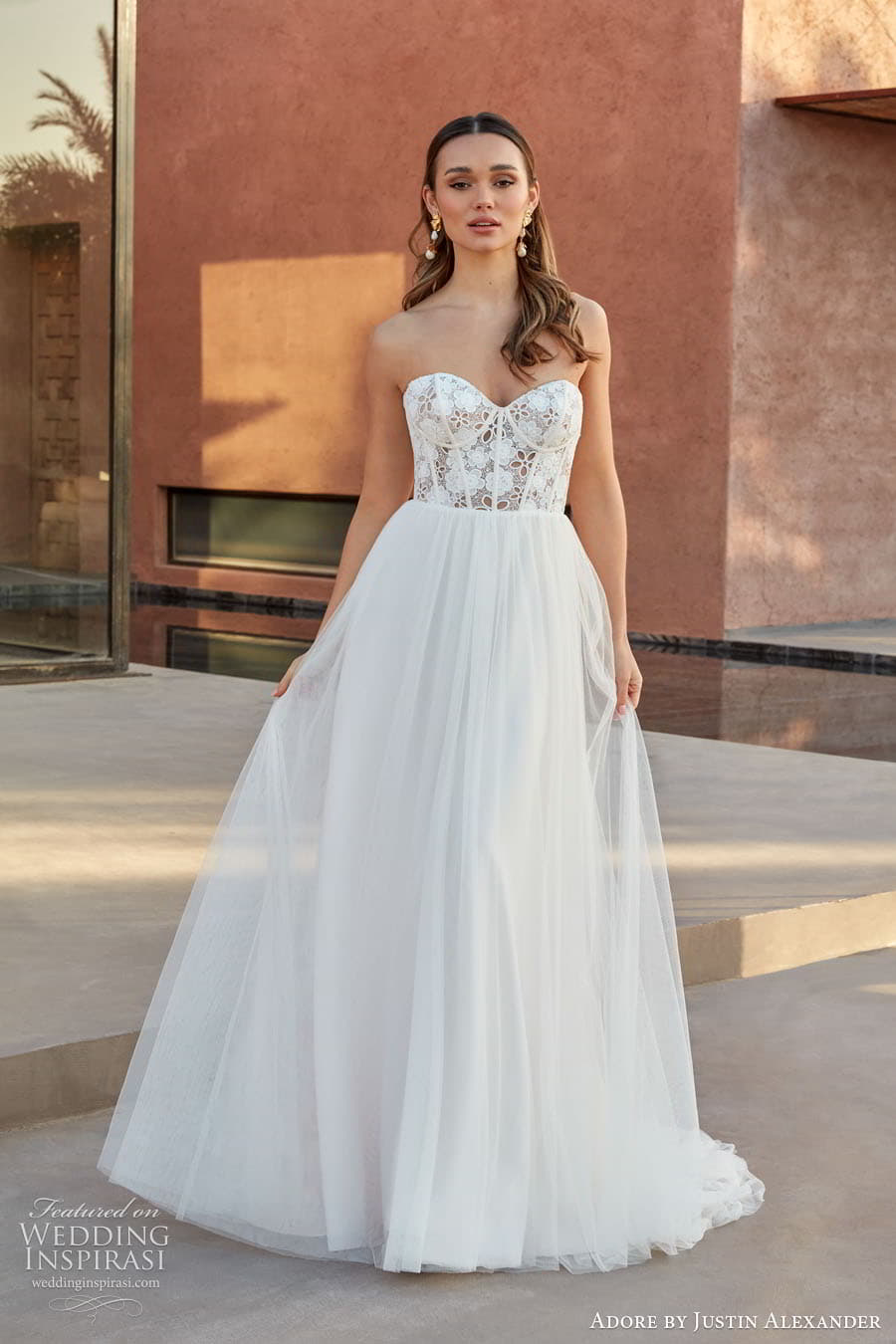 justin alexander adore spring 2024 bridal straps sleeves sleeveless sweetheart neckline a line ball gown wedding dress chapel train izzi