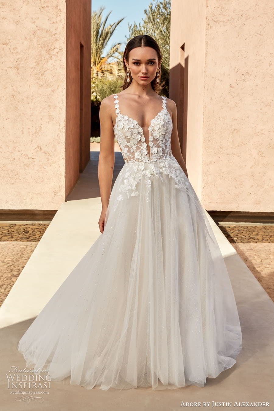 justin alexander adore spring 2024 bridal straps sleeves sleeveless sweetheart neckline a line ball gown wedding dress chapel train tisha