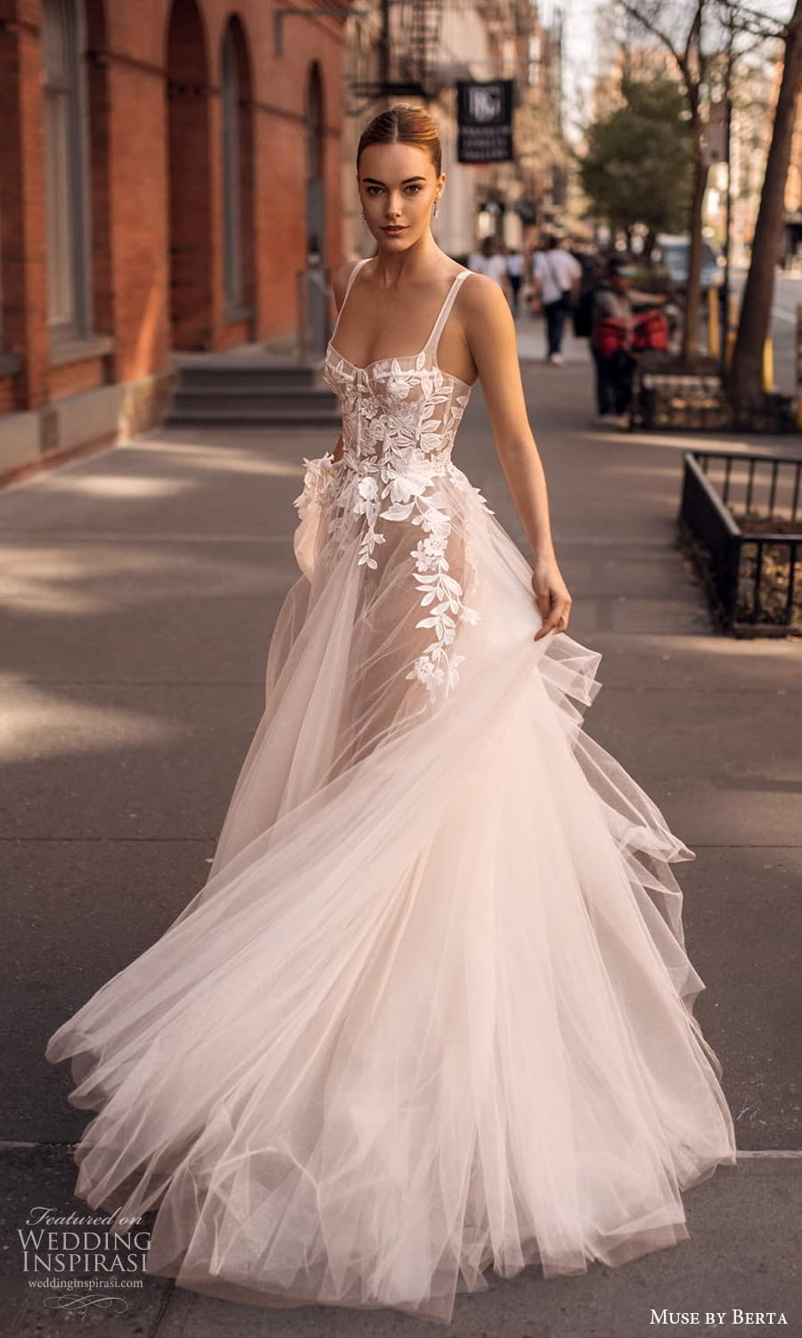 muse by berta spring 2024 bridal sleeveless straps sweetheart neckline embelilshed embroidered lace bodice a line ball gown wedding dress chapel train blush (5) bv