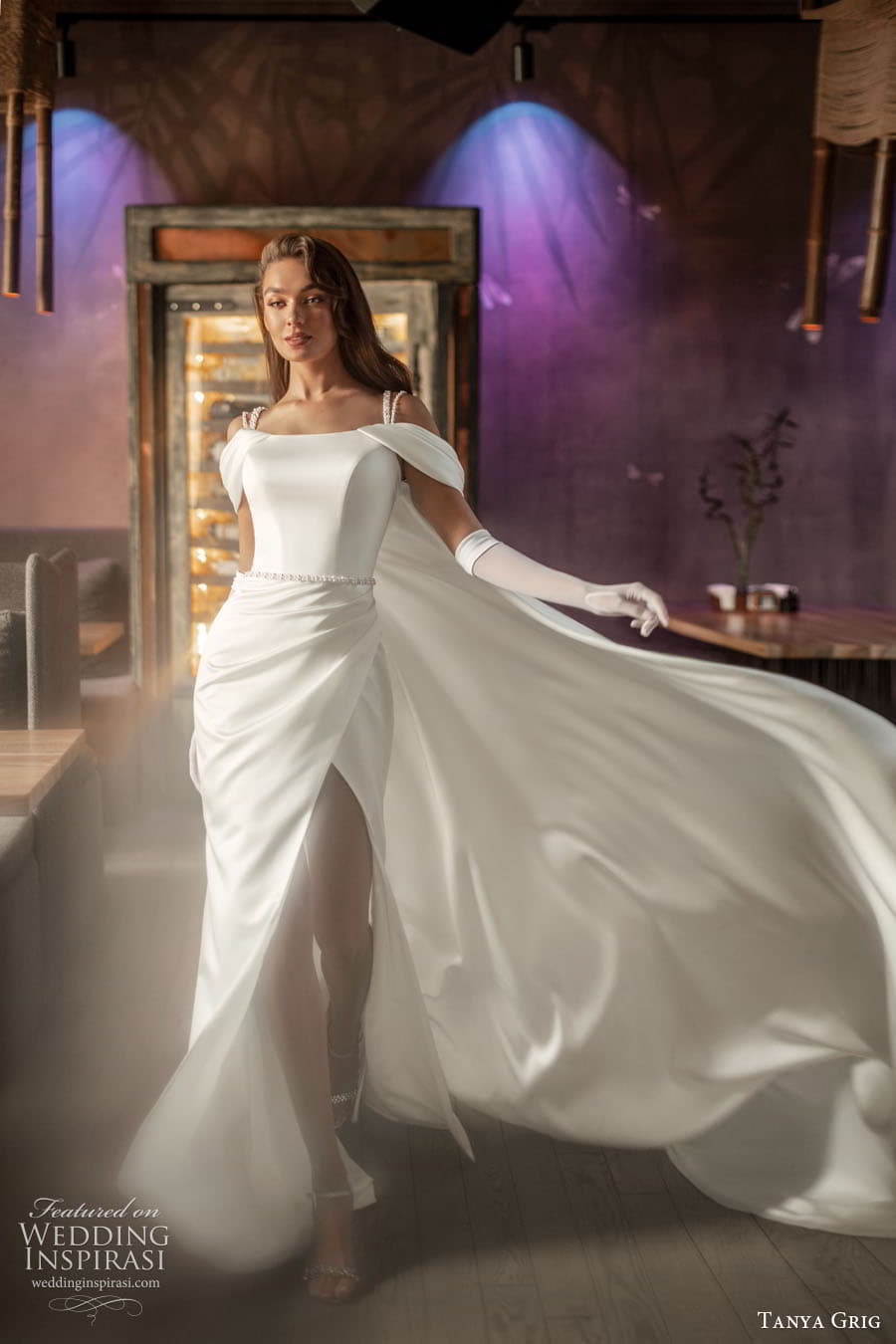 tanya grig 2024 bridal drape sleeve strap straight across neckline clean minimalist sheath column wedding dress slit skirt sweep train tina mv