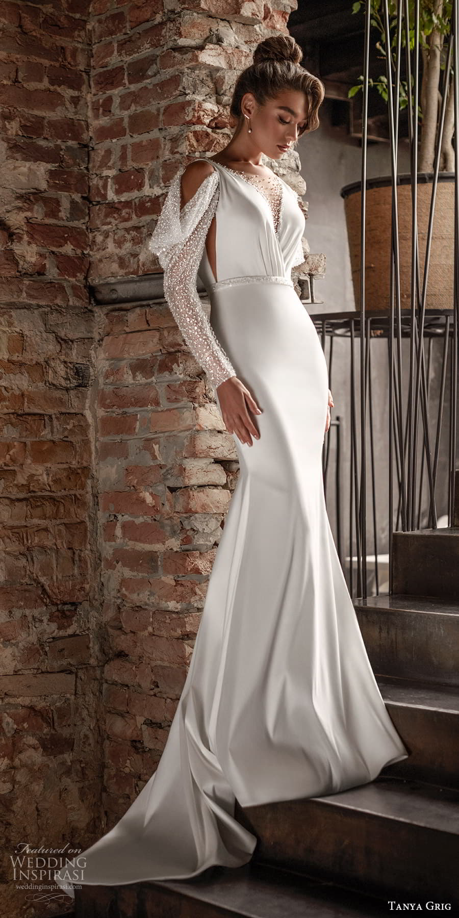 tanya grig 2024 bridal long sleeve v neckline clean minimalist sheath wedding dress chapel train (1) mv