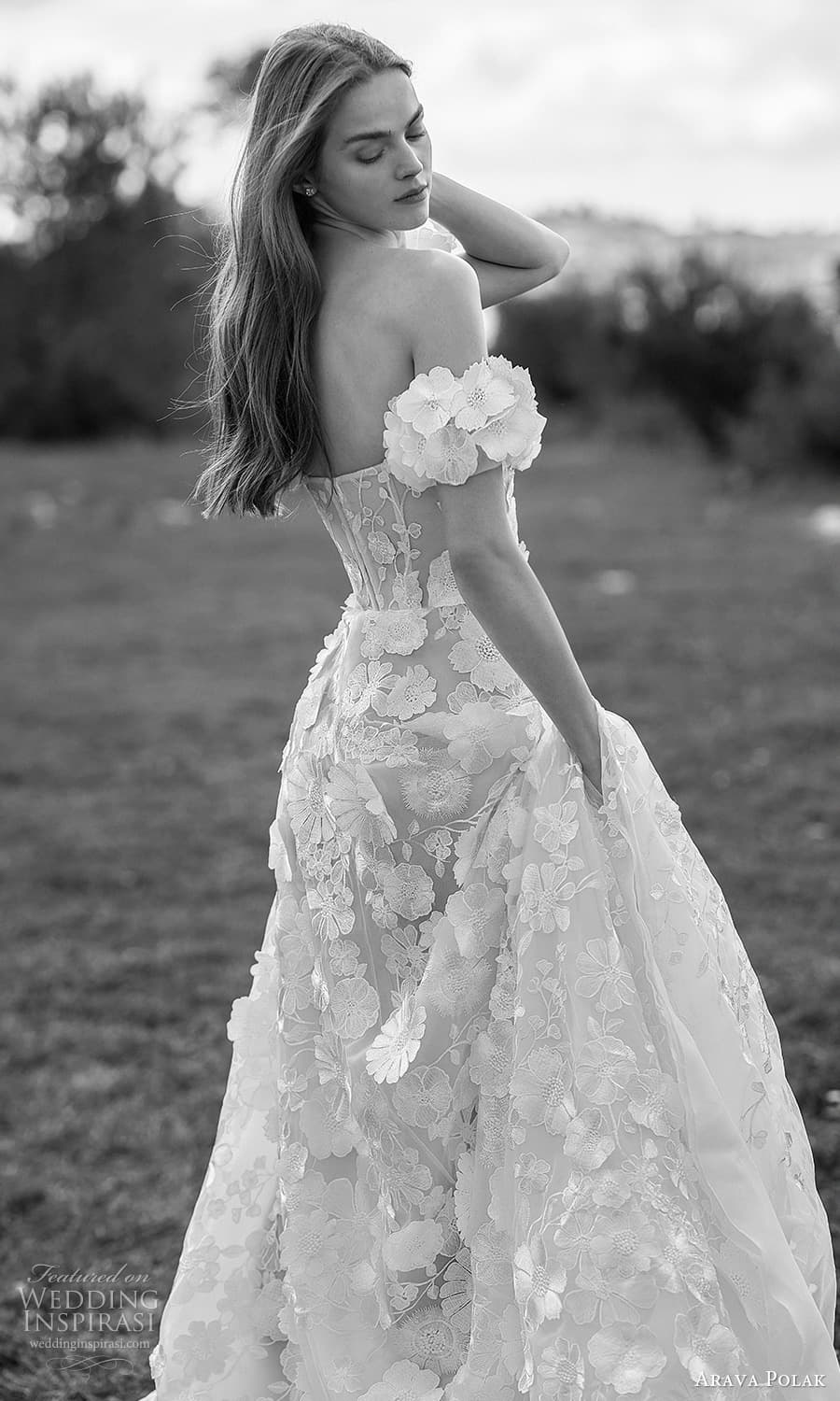 arava polak spring 2024 bridal detached puff sleeve semi sweetheart neckline fully embellished a line ball gown wedding dress chapel train (6) bv