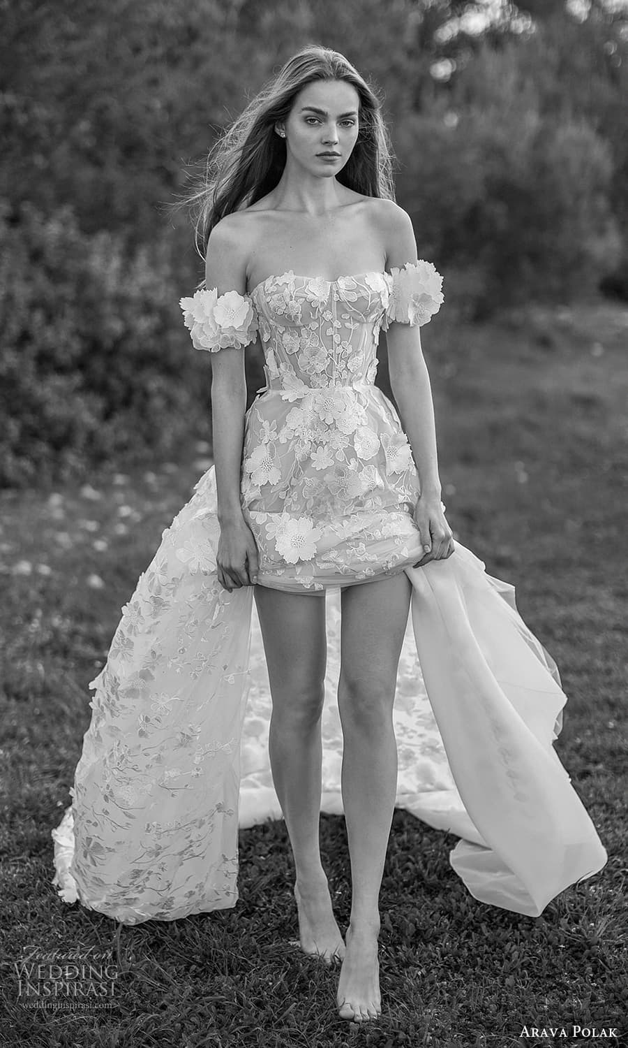 arava polak spring 2024 bridal detached puff sleeve semi sweetheart neckline fully embellished a line ball gown wedding dress chapel train (6) mv