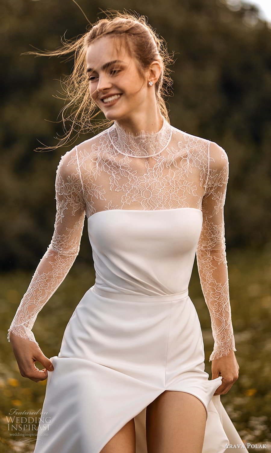 arava polak spring 2024 bridal sheer long sleeve high neck straigt across neckline clean minimalist a line wedding dress slit skirt chapel train (8) mv 