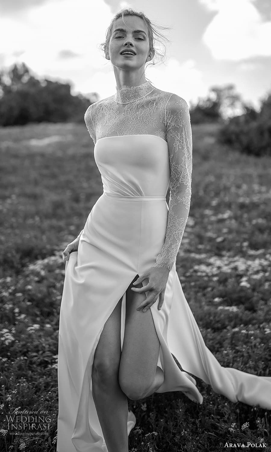 arava polak spring 2024 bridal sheer long sleeve high neck straigt across neckline clean minimalist a line wedding dress slit skirt chapel train (8) mv