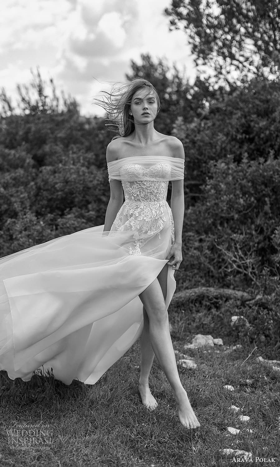 arava polak spring 2024 bridal sheer off shoulder short sleeve shrug strapless sweeteheart neckline embellished bodice a line wedding dress chapel train slit skirt (9) mv