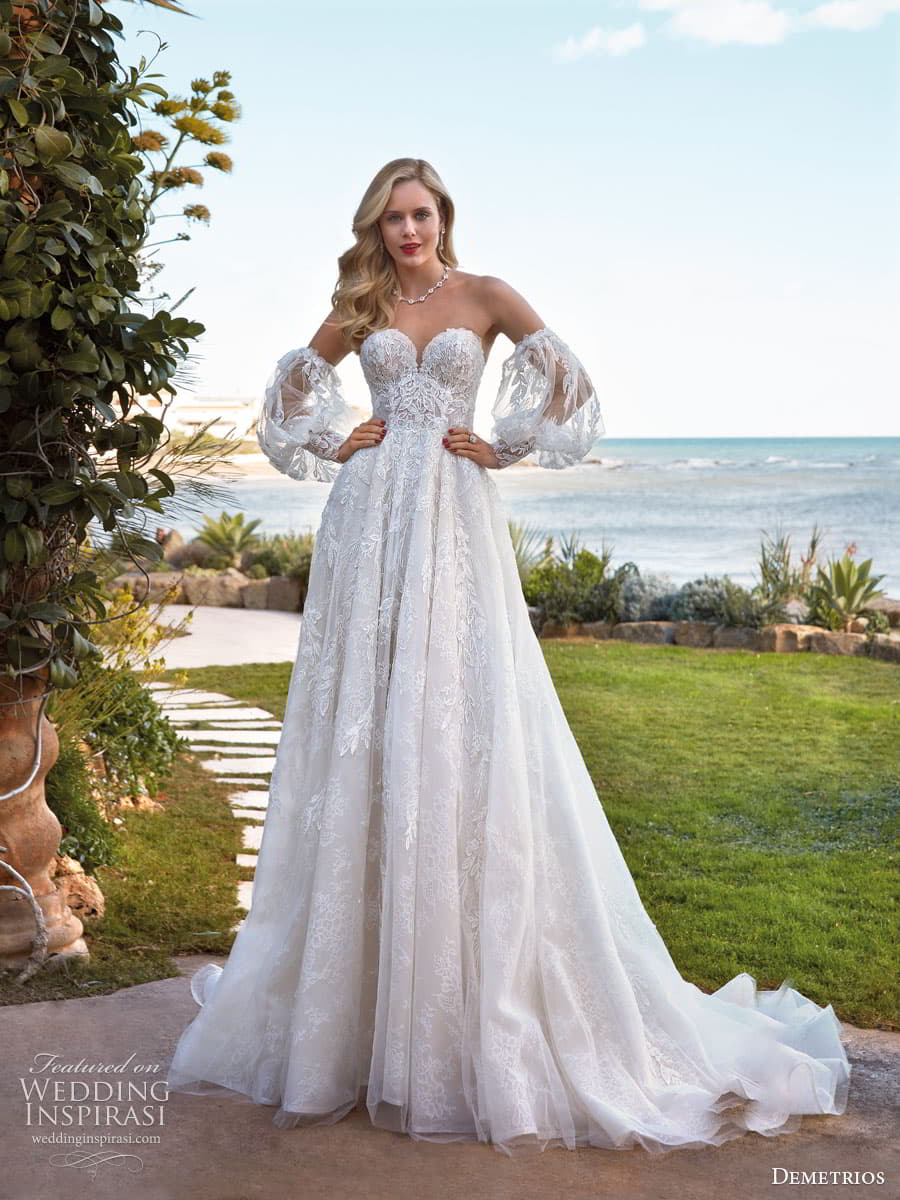 demetrios 2024 bridal detached puff sleeves sweetheart neckline embellished bodice a line ball gown wedding dress chapel train (24) mv