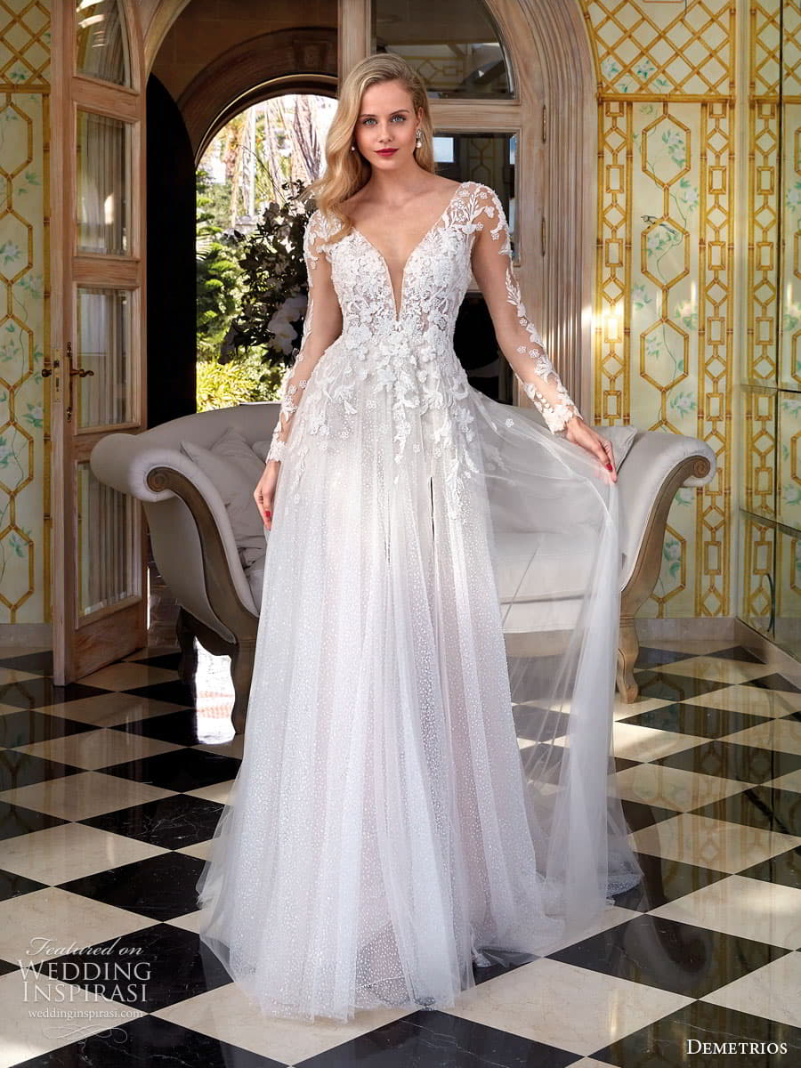 demetrios 2024 bridal long sleeve sweetheart neckline embellished bodice a line ball gown wedding dress chapel train (21) mv