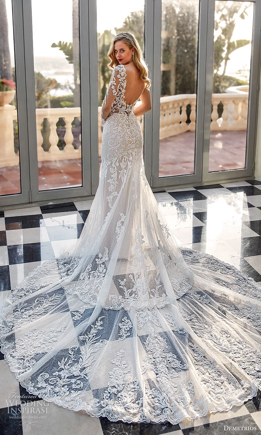 demetrios 2024 bridal sheer long sleeve v neckline fully embellished lace sheath wedding dress chapel train low back (13) bv