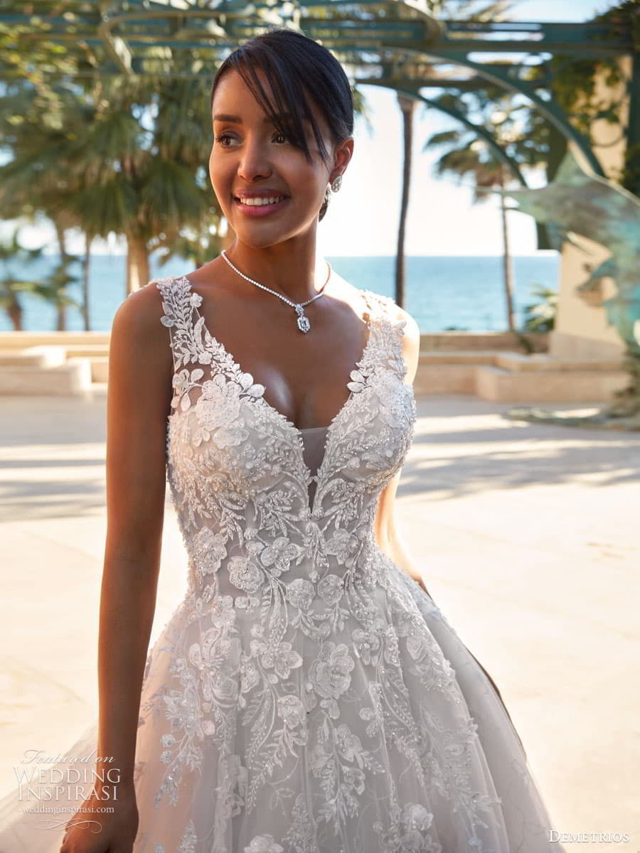 demetrios 2024 bridal sleeveless v neckline embellished bodice a line ball gown wedding dress chapel train (23) mv