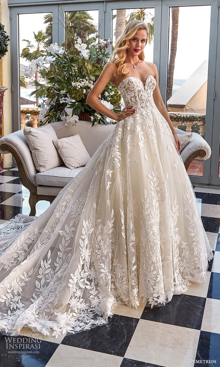 demetrios 2024 bridal strapless sweetheart neckline fully embellished a line ball gown wedding dress chapel train (15) mv