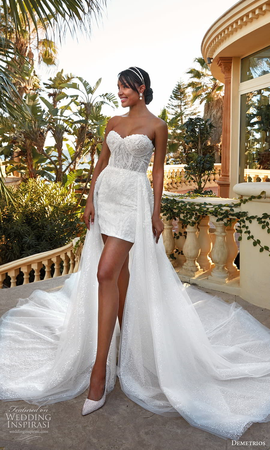 demetrios 2024 bridal strapless sweetheart neckline fully embellished short wedding dress a line overskirt (10) mv