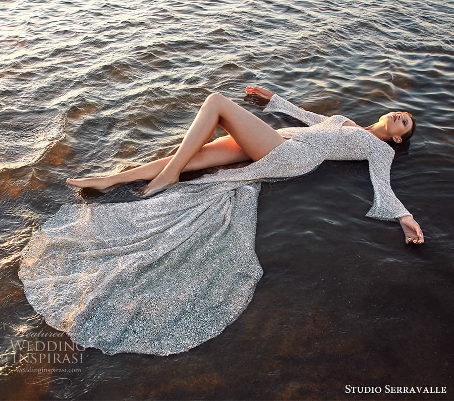 studio serravalle fall 2023 bridal flare long sleeve surplice v neckline fully embellished a line wedding dress slit skirt chapel train (3) sv studio serravalle fall 2023 bridal flare long sleeve surplice v neckline fully embellished a line wedding dress slit skirt chapel train (3) sv