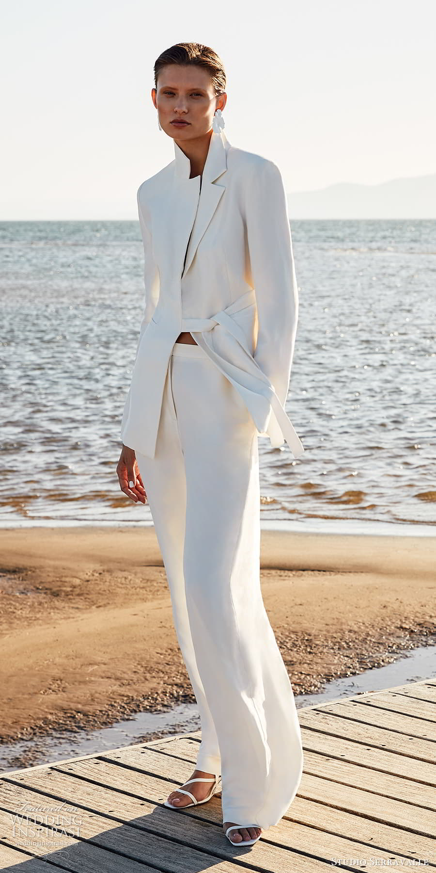 studio serravalle fall 2023 bridal long sleeve high neck blazer clean modern minimalist pants trousers wedding dress (9) mv