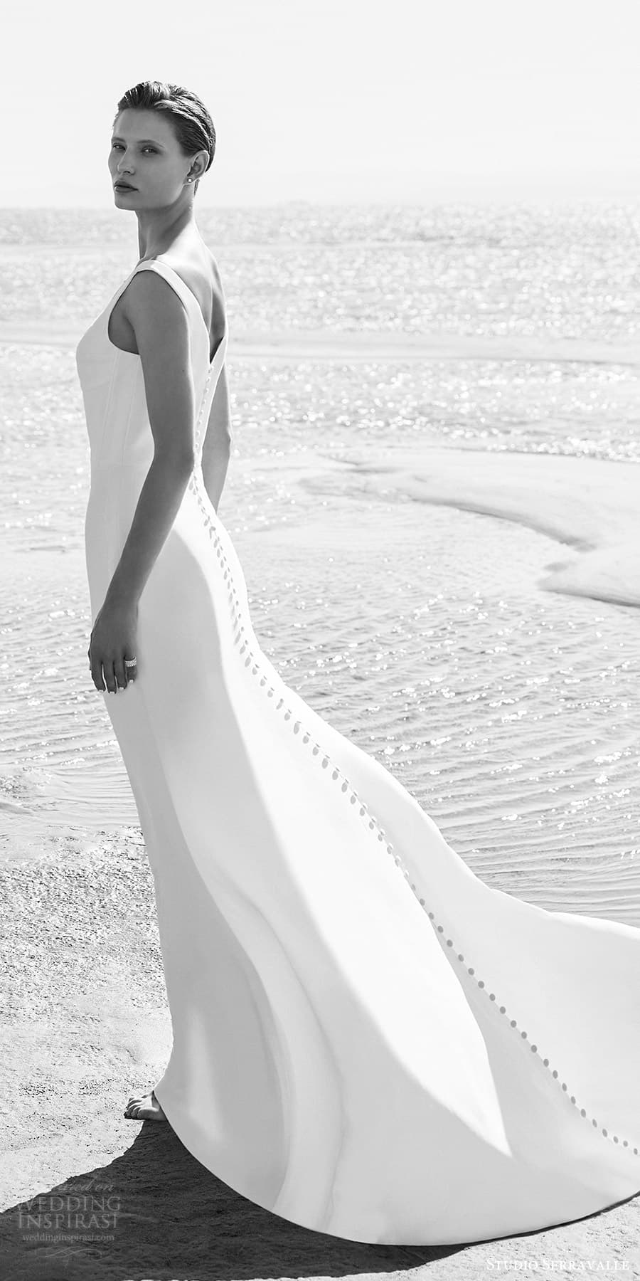 studio serravalle fall 2023 bridal sleeveless strap v neckline clean minimalist sheath wedding dress chapel train (7) bv