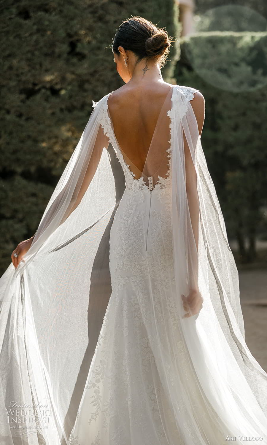ari villoso 2024 bridal cape cap sleeve plunging v neckline fully embellished sheath wedding dress chapel train (12) zbv