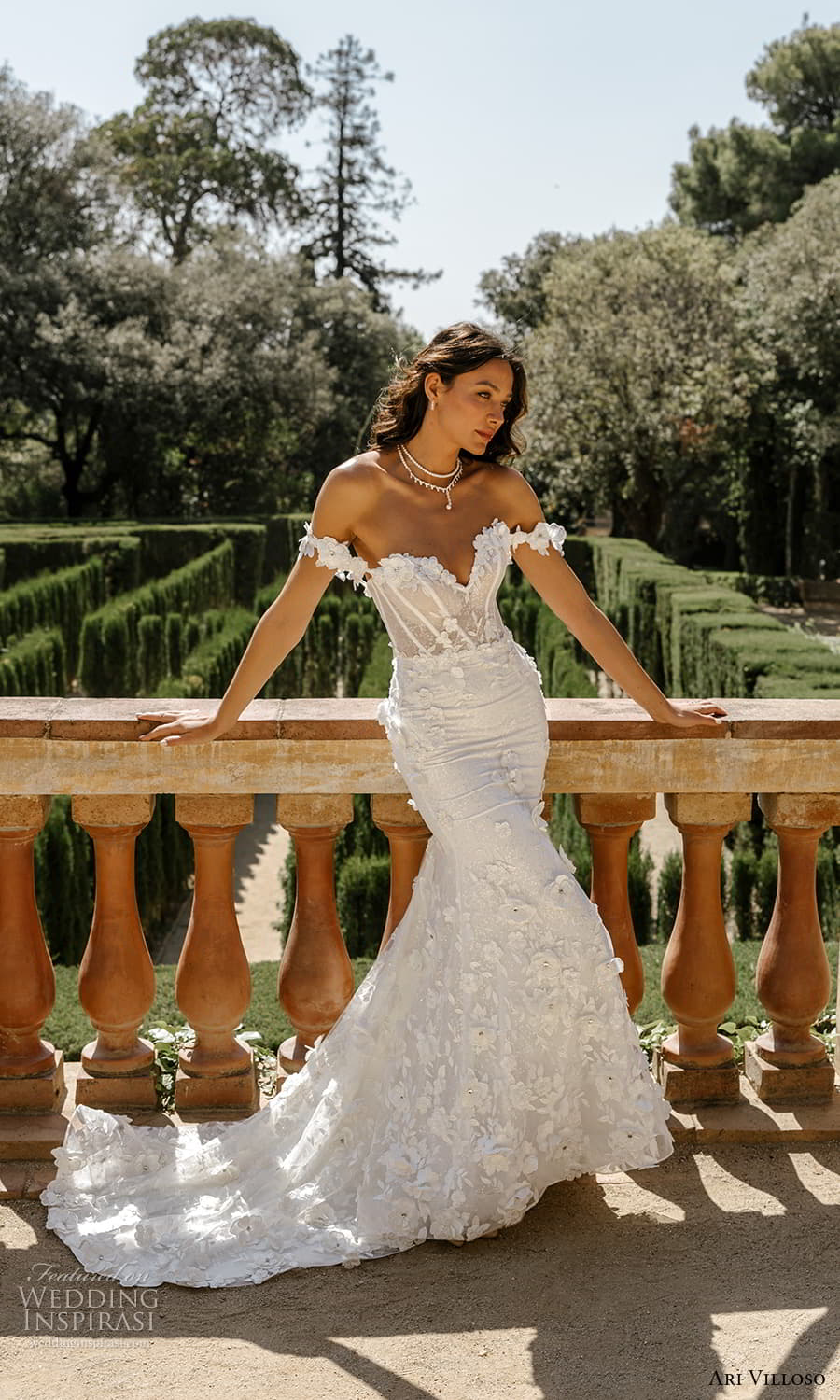 ari villoso 2024 bridal off shoulder straps swag sleeve sweetheart neckline embellished bodice fit flare mermaid wedding dress chapel train (25) mv